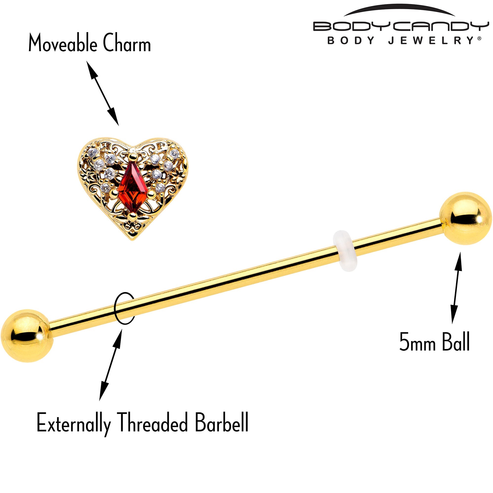 BodyCandy 14G Red CZ Gem Gold Tone Heart Queen Industrial Barbell 38mm — side view