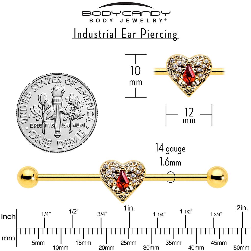 BodyCandy 14G Red CZ Gem Gold Tone Heart Queen Industrial Barbell 38mm — back view