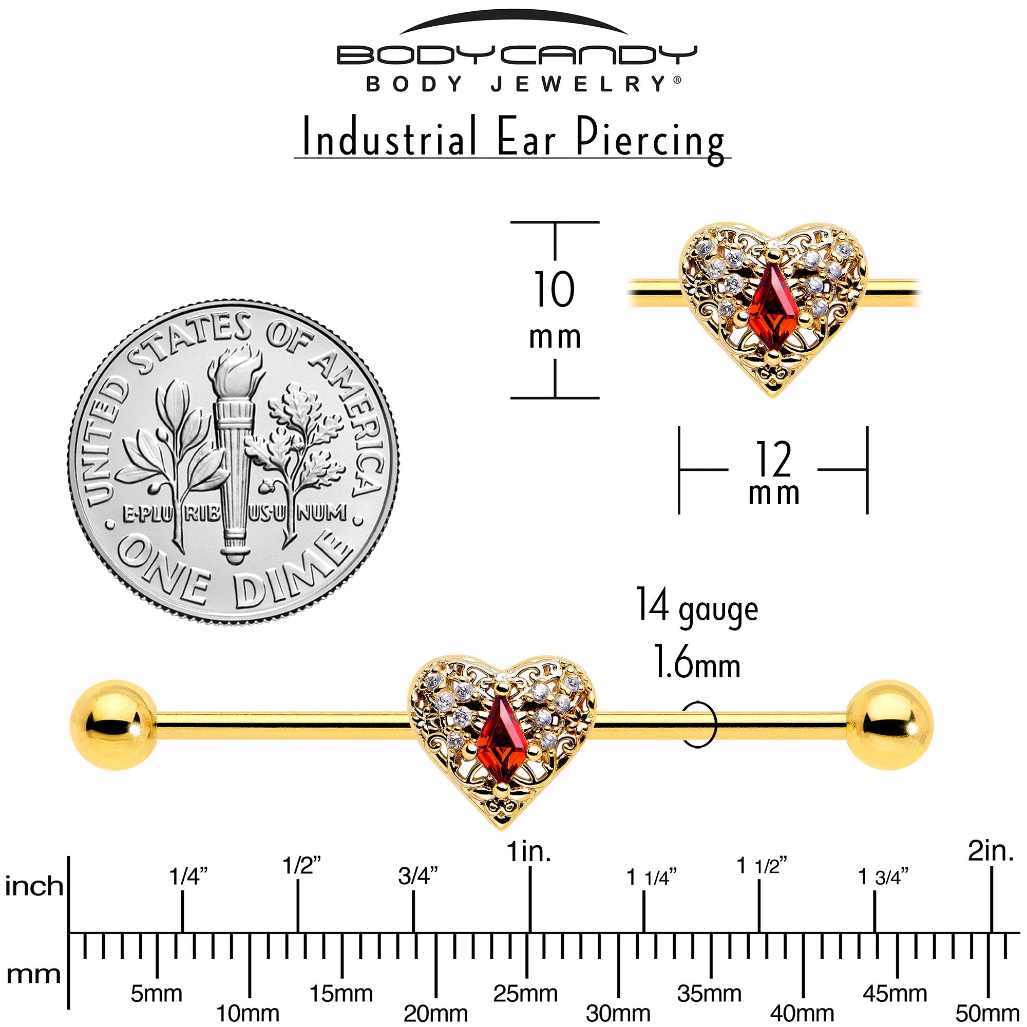 BodyCandy 14G Red CZ Gem Gold Tone Heart Queen Industrial Barbell 38mm — back view