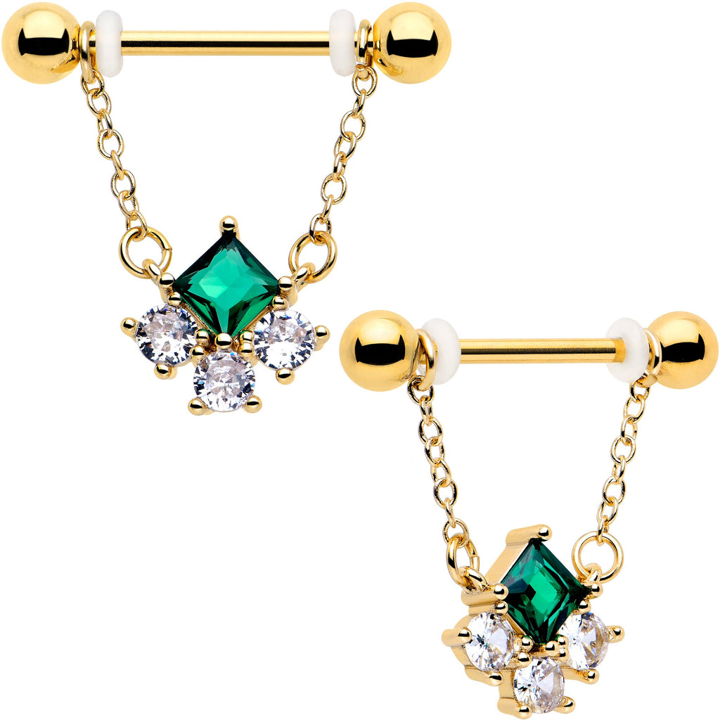 BodyCandy 14G 9/16 Green CZ Gem Gold Tone Rhombus Riot Dangle Nipple Ring Set — main product shot