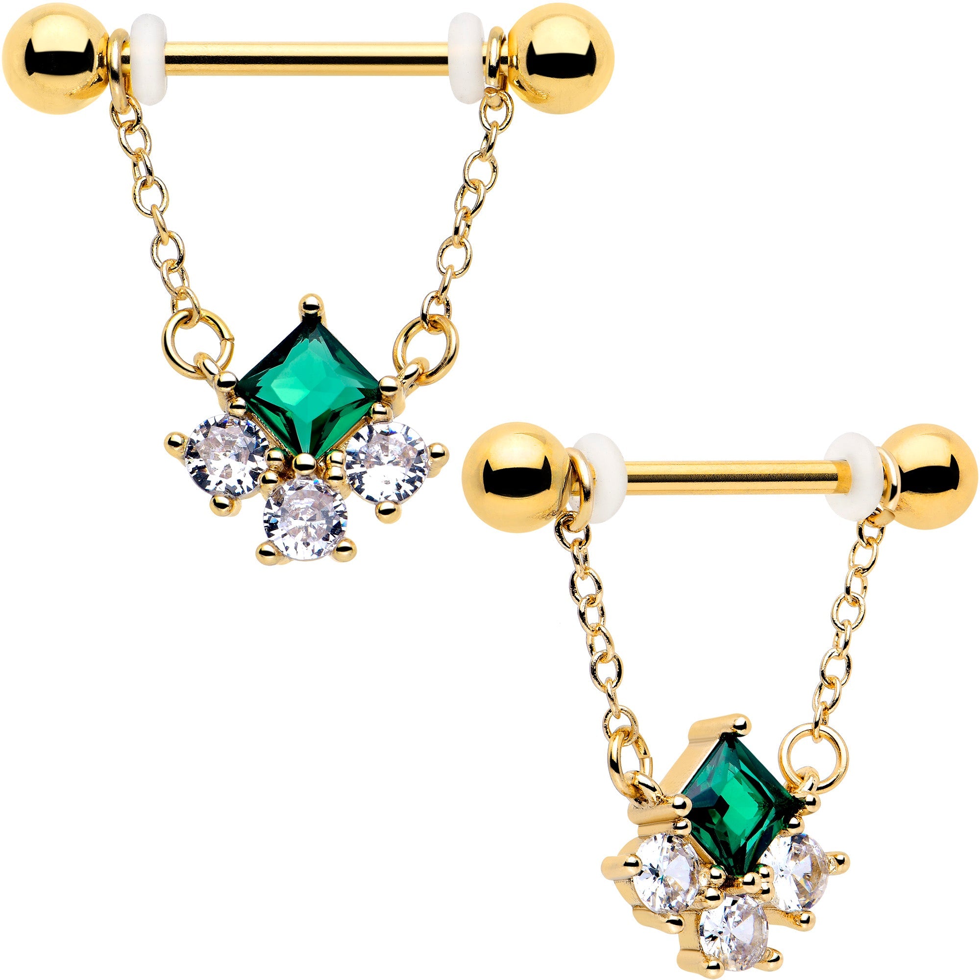 BodyCandy 14G 9/16 Green CZ Gem Gold Tone Rhombus Riot Dangle Nipple Ring Set — main product shot