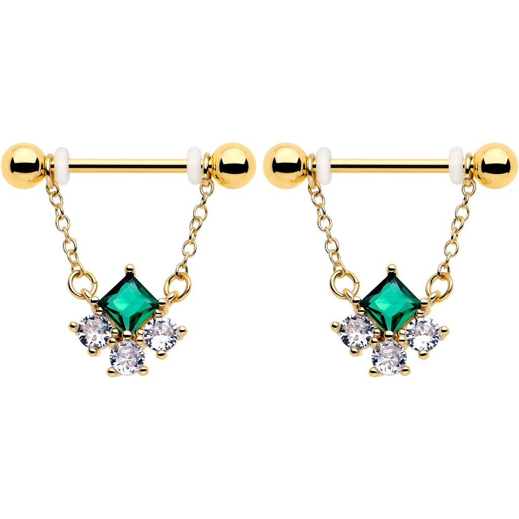 BodyCandy 14G 9/16 Green CZ Gem Gold Tone Rhombus Riot Dangle Nipple Ring Set — detail close-up