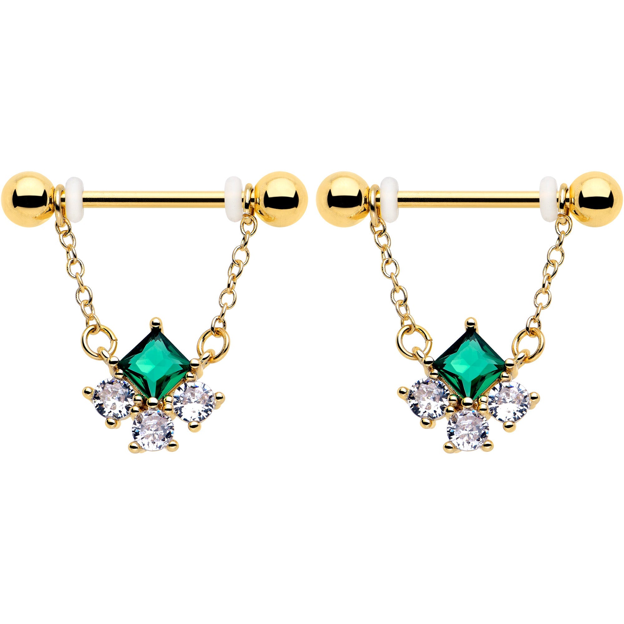 BodyCandy 14G 9/16 Green CZ Gem Gold Tone Rhombus Riot Dangle Nipple Ring Set — detail close-up