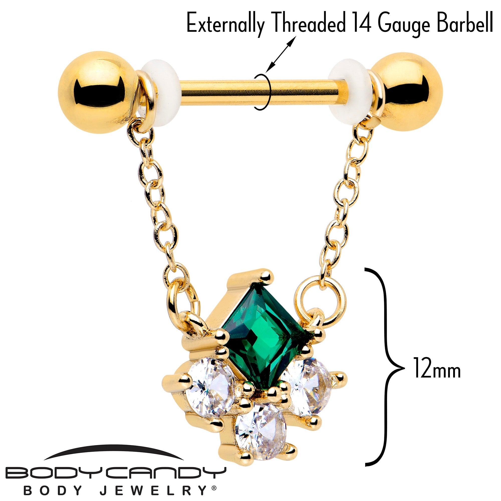 BodyCandy 14G 9/16 Green CZ Gem Gold Tone Rhombus Riot Dangle Nipple Ring Set — lifestyle context