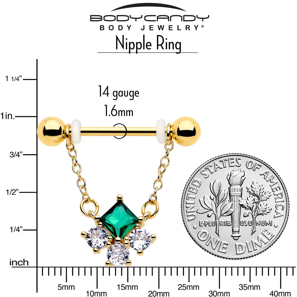 BodyCandy 14G 9/16 Green CZ Gem Gold Tone Rhombus Riot Dangle Nipple Ring Set — side view