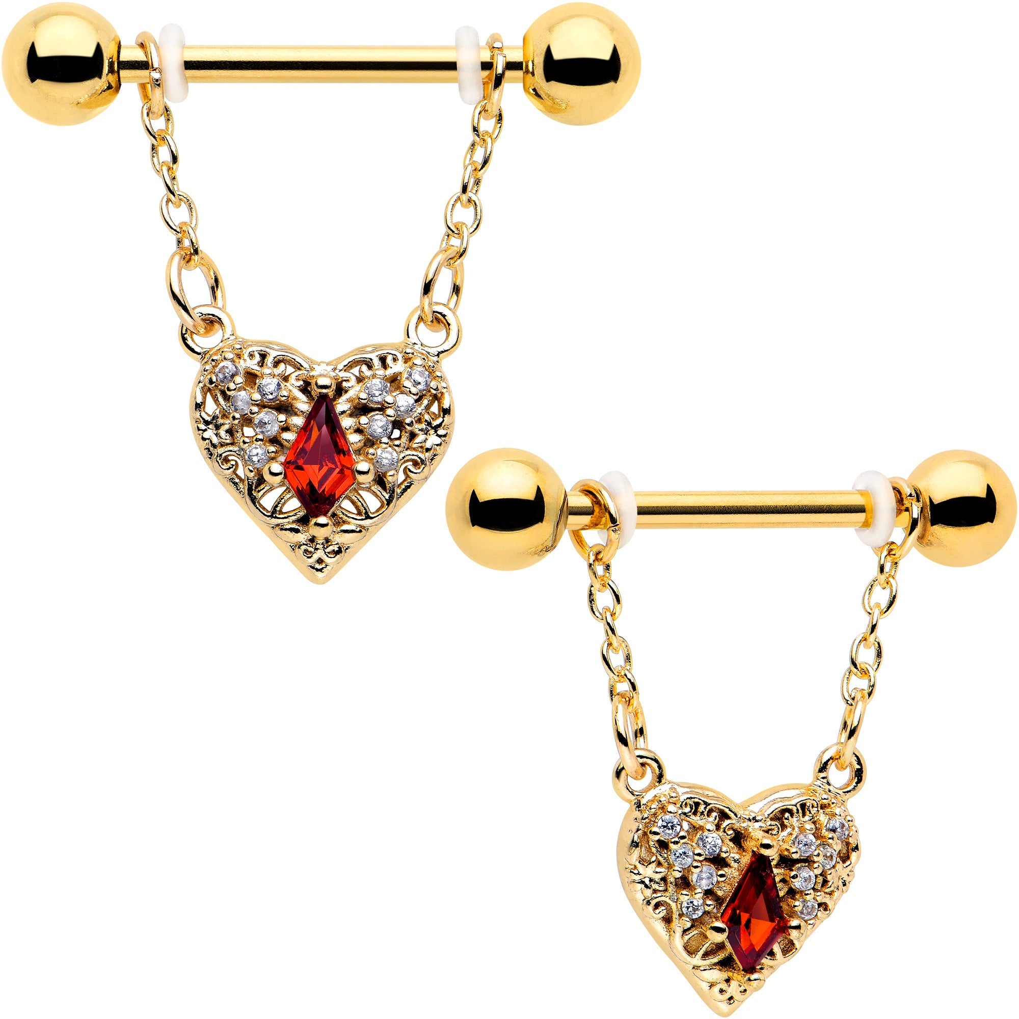 BodyCandy 14G 9/16 Red CZ Gem Gold Tone Heart Queen Dangle Nipple Ring Set — main product shot