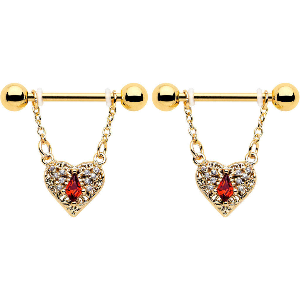 BodyCandy 14G 9/16 Red CZ Gem Gold Tone Heart Queen Dangle Nipple Ring Set — detail close-up