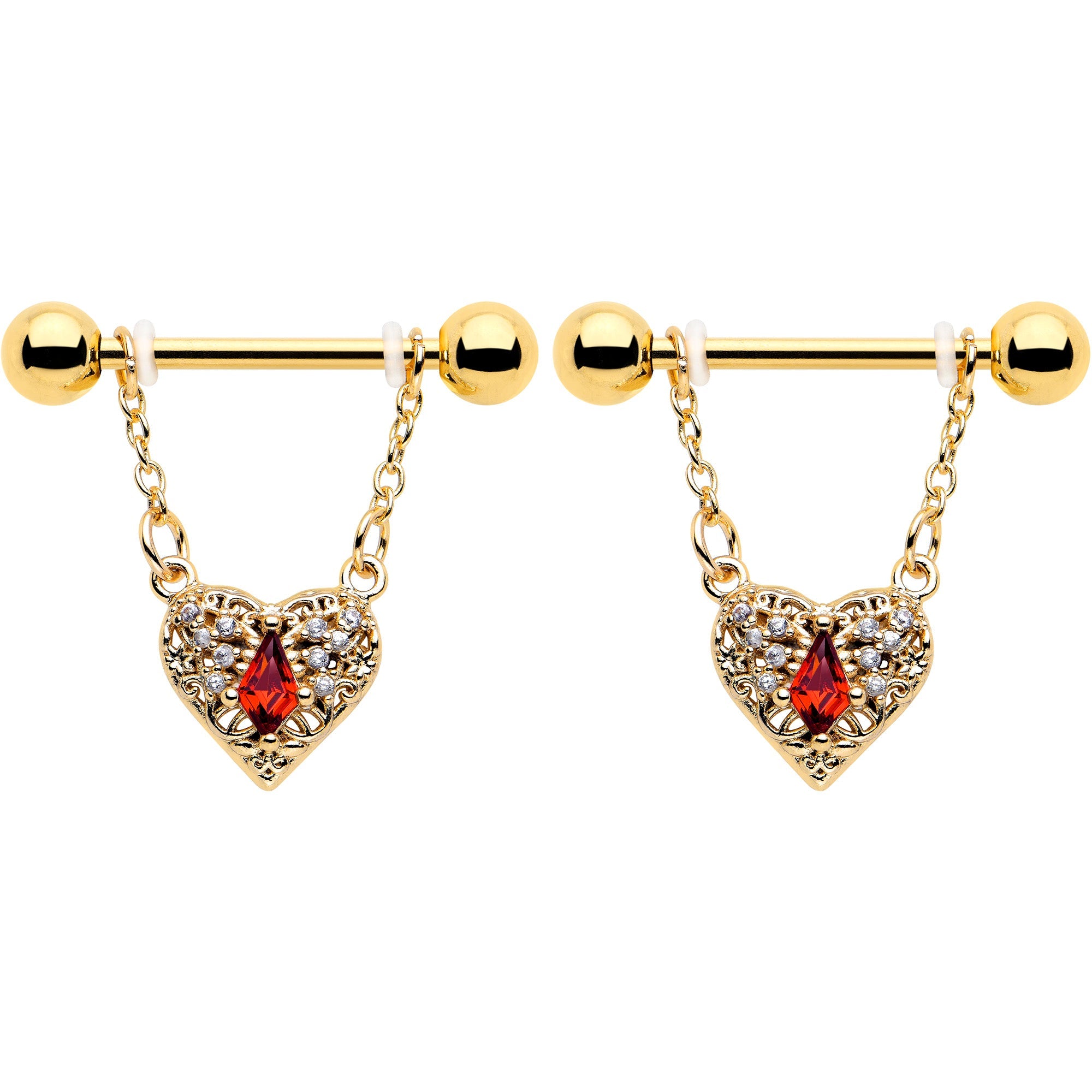 BodyCandy 14G 9/16 Red CZ Gem Gold Tone Heart Queen Dangle Nipple Ring Set — detail close-up