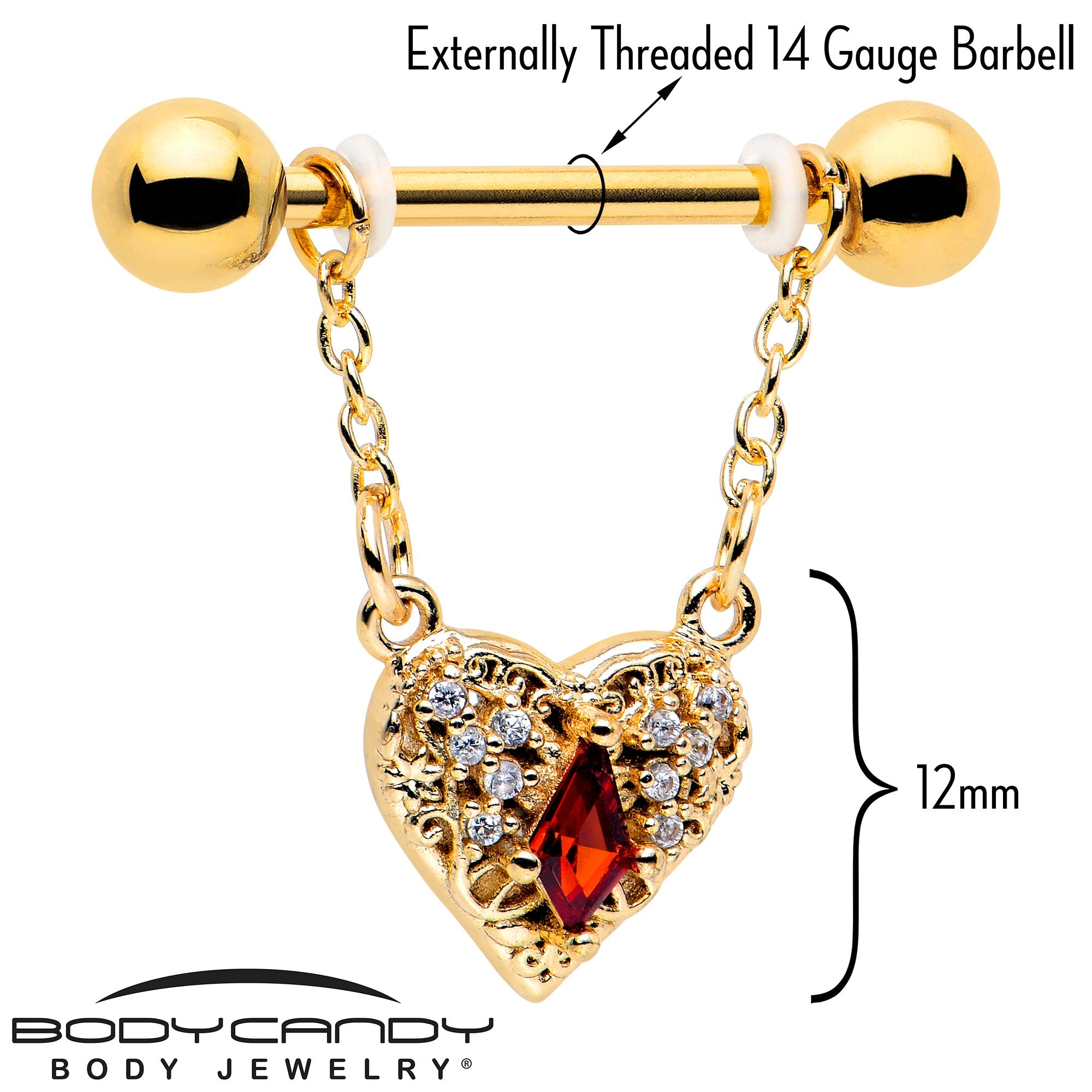 BodyCandy 14G 9/16 Red CZ Gem Gold Tone Heart Queen Dangle Nipple Ring Set — lifestyle context