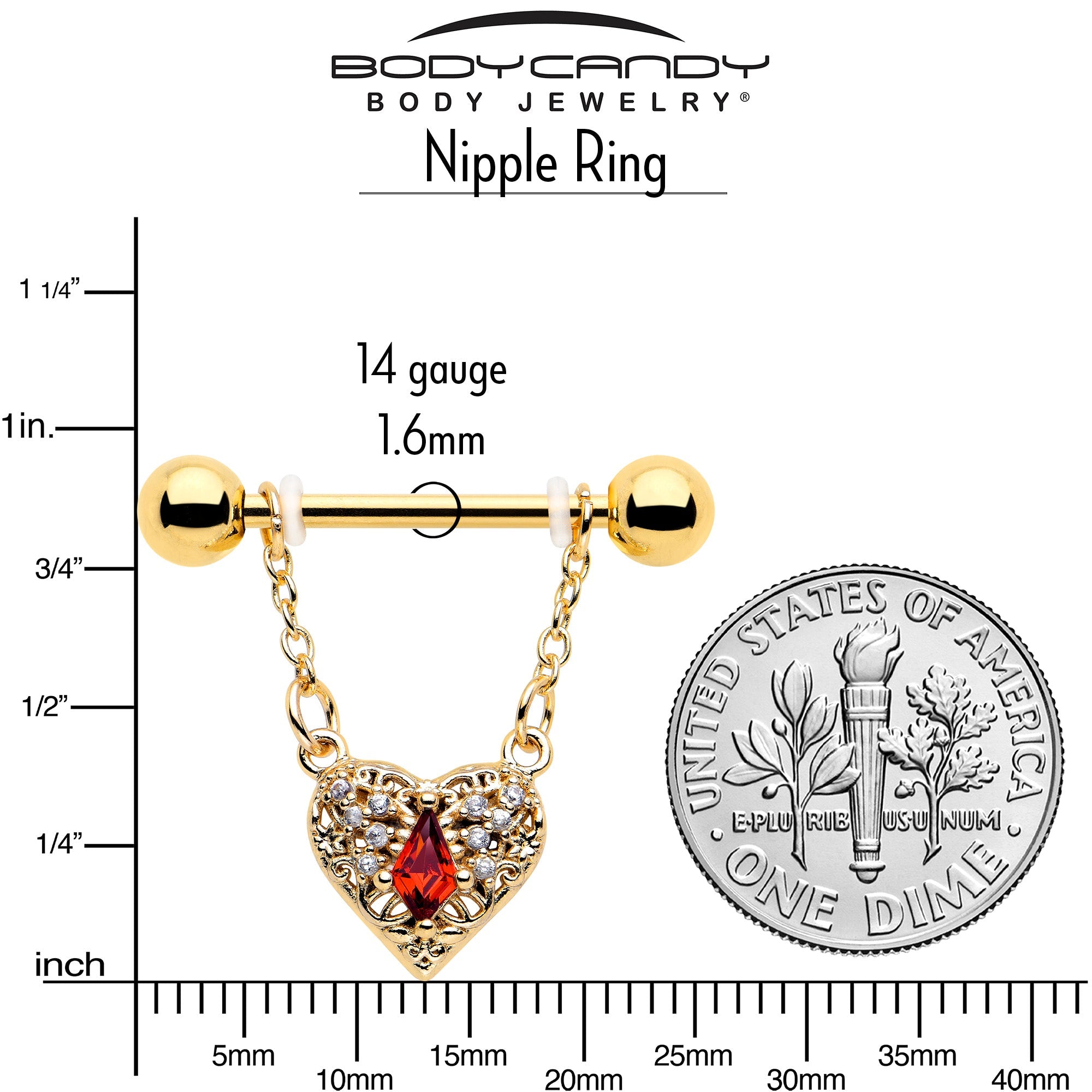 BodyCandy 14G 9/16 Red CZ Gem Gold Tone Heart Queen Dangle Nipple Ring Set — side view