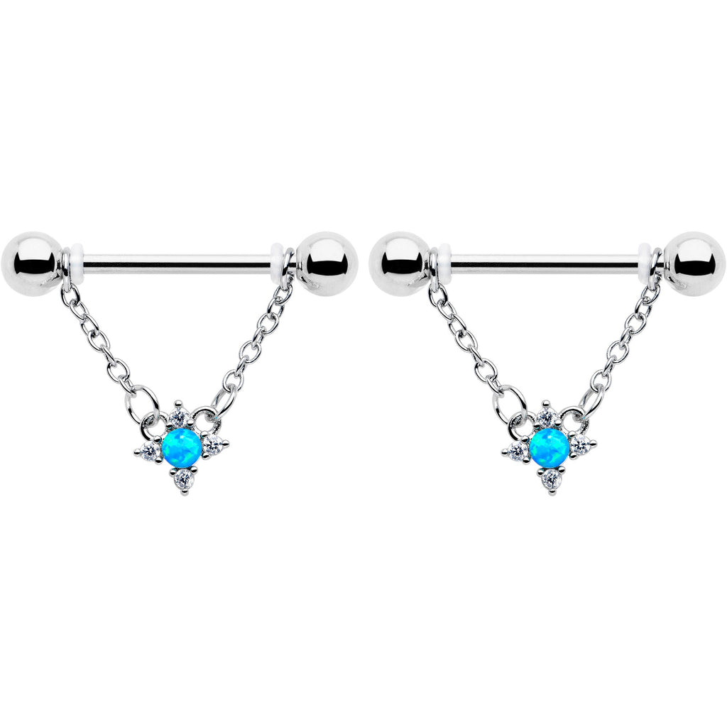 BodyCandy 14G 9/16 Blue Synthetic Opal Rhombus Star Dangle Nipple Ring Set — detail close-up