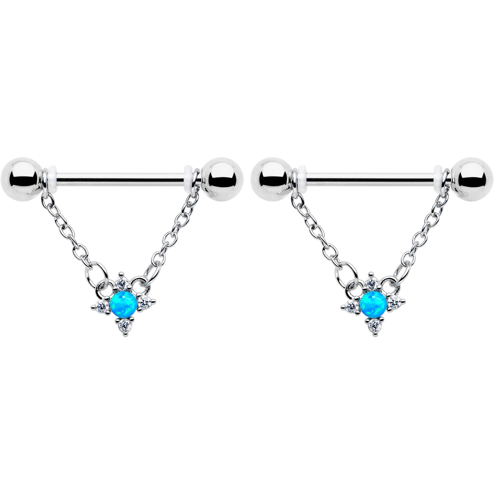 BodyCandy 14G 9/16 Blue Synthetic Opal Rhombus Star Dangle Nipple Ring Set — detail close-up