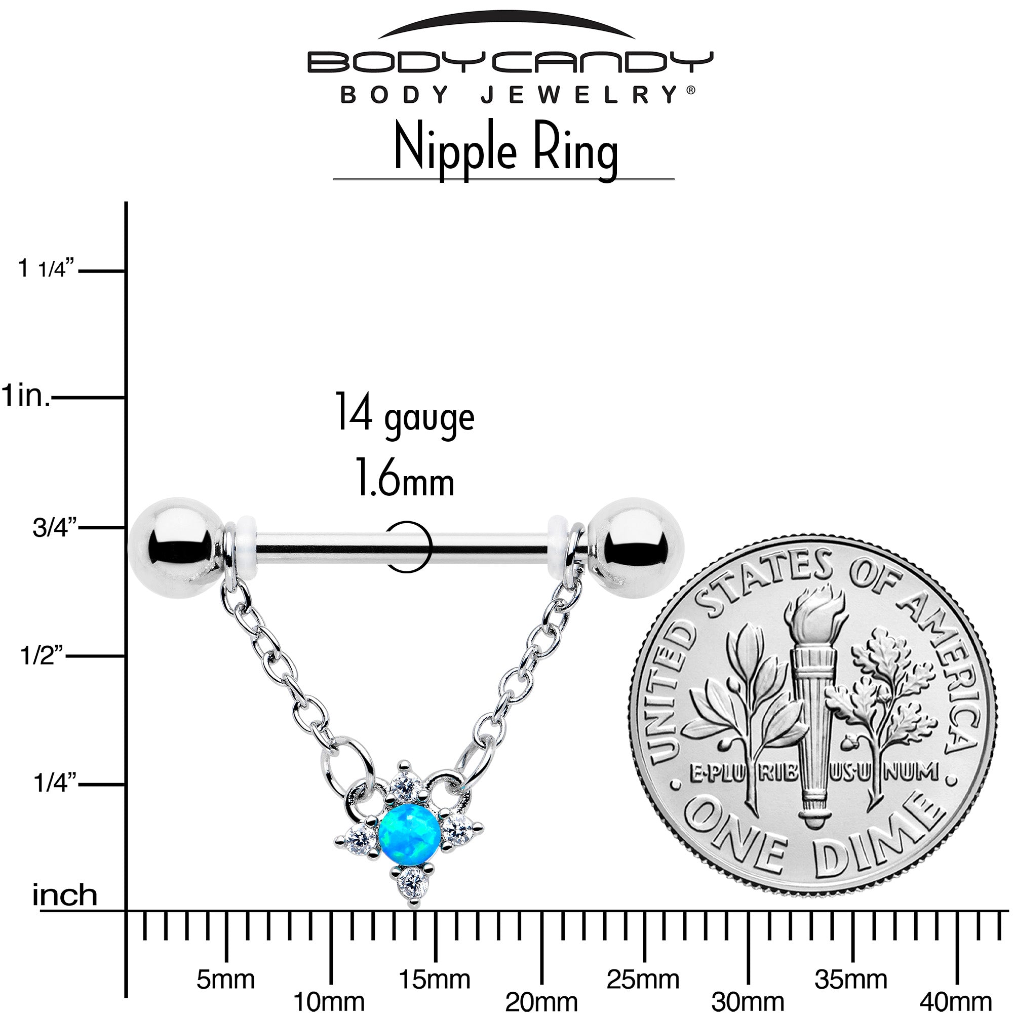 BodyCandy 14G 9/16 Blue Synthetic Opal Rhombus Star Dangle Nipple Ring Set — side view