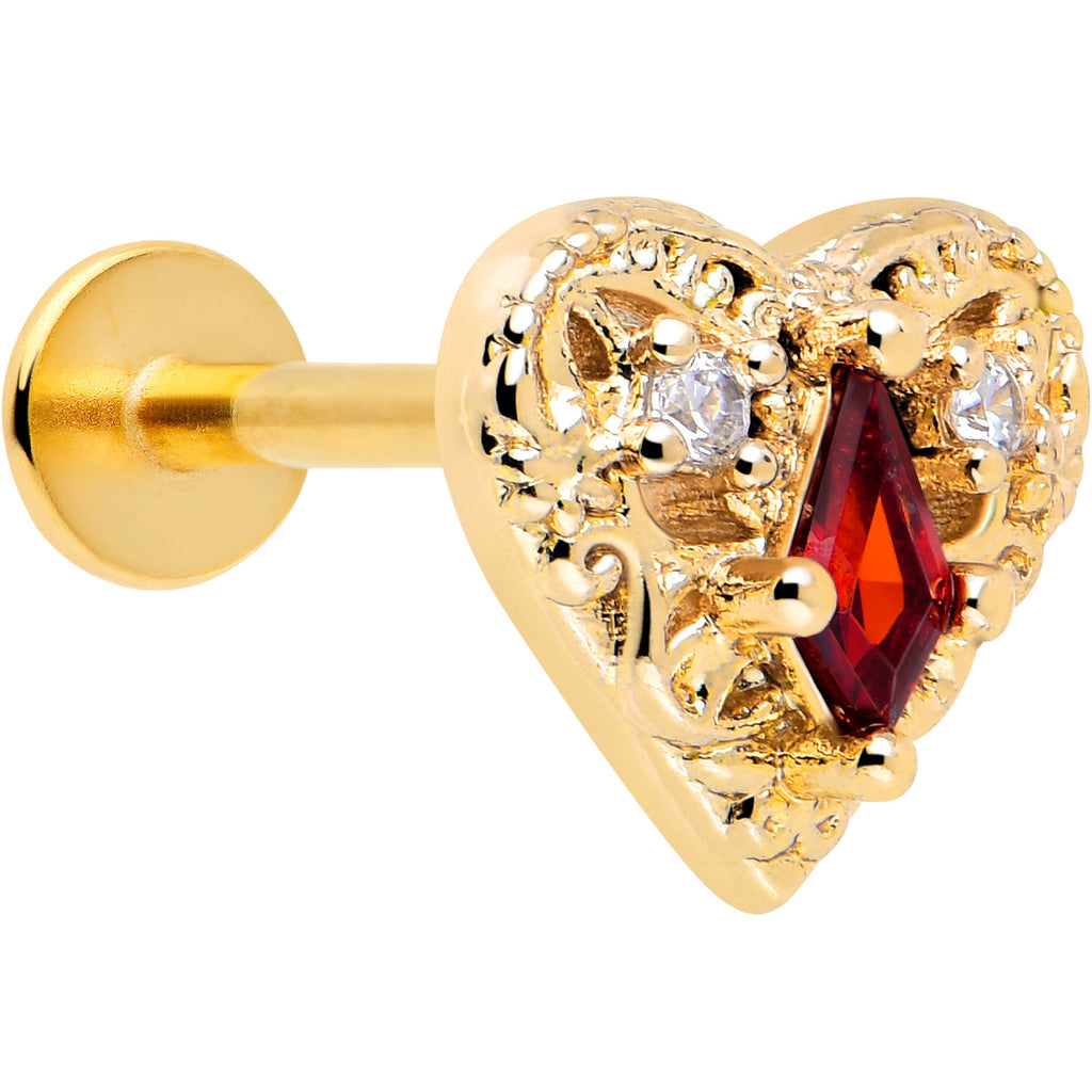 BodyCandy 16G 5/16 Red CZ Gem Gold Tone Heart Queen Flatback Stud — main product shot