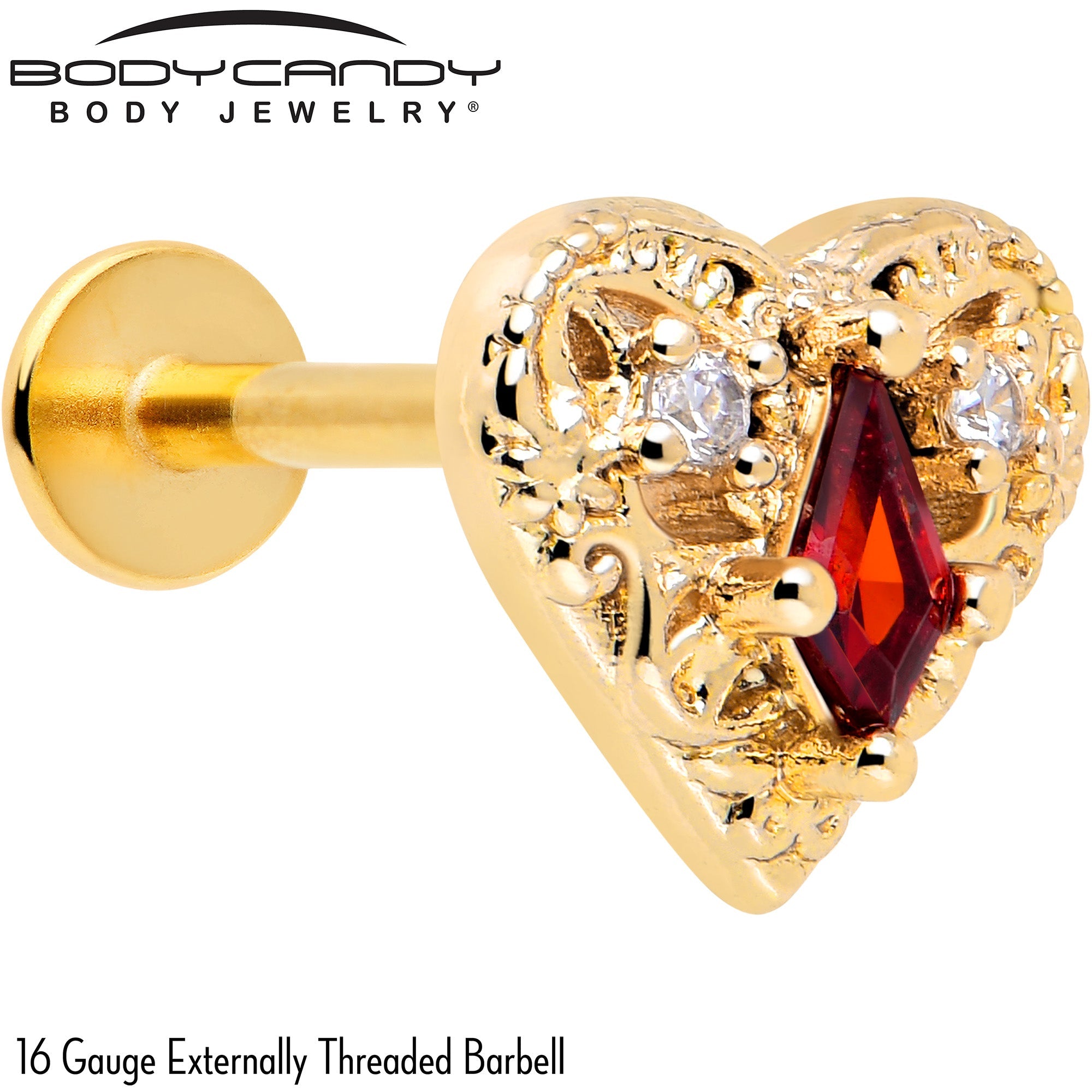 BodyCandy 16G 5/16 Red CZ Gem Gold Tone Heart Queen Flatback Stud — detail close-up