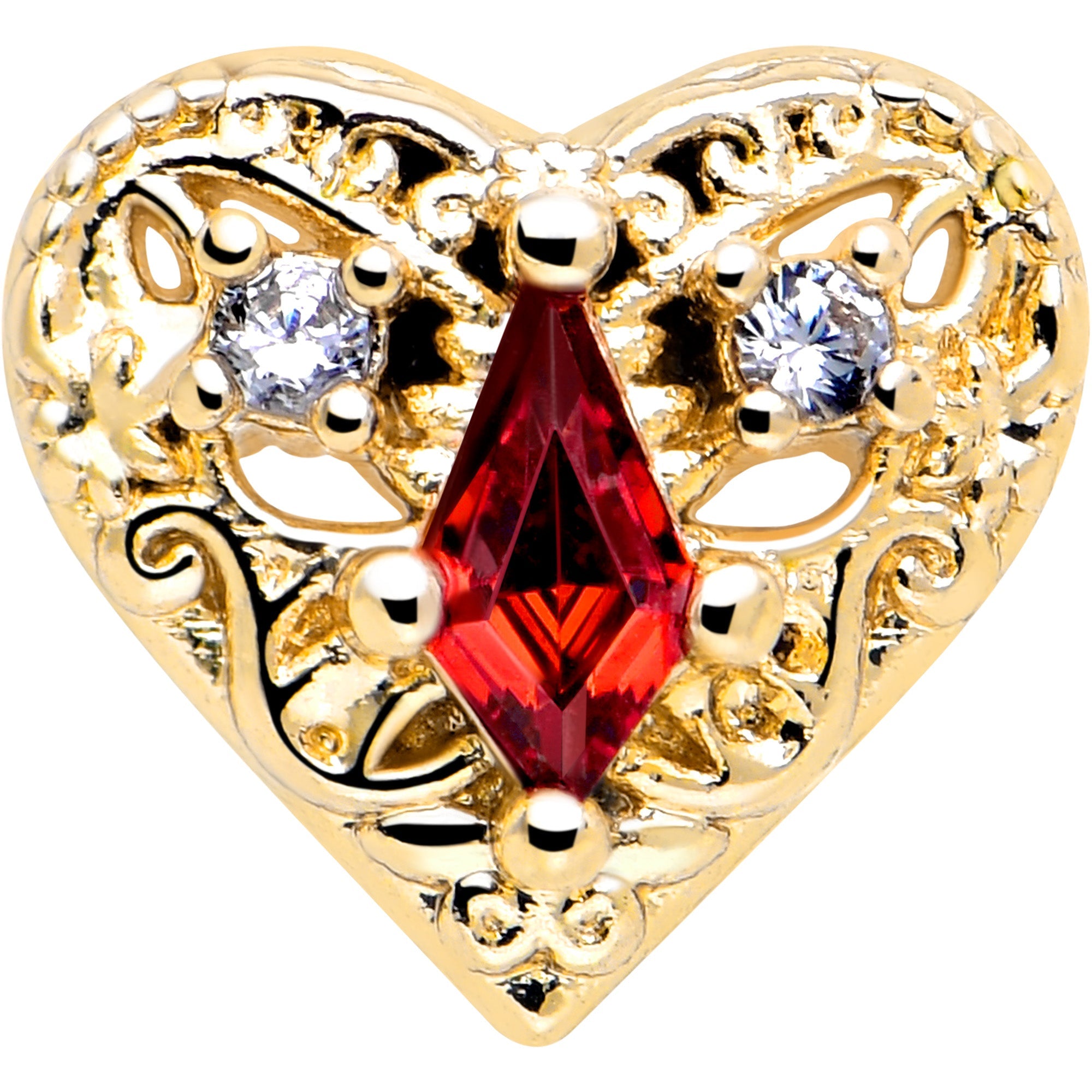 BodyCandy 16G 5/16 Red CZ Gem Gold Tone Heart Queen Flatback Stud — lifestyle context