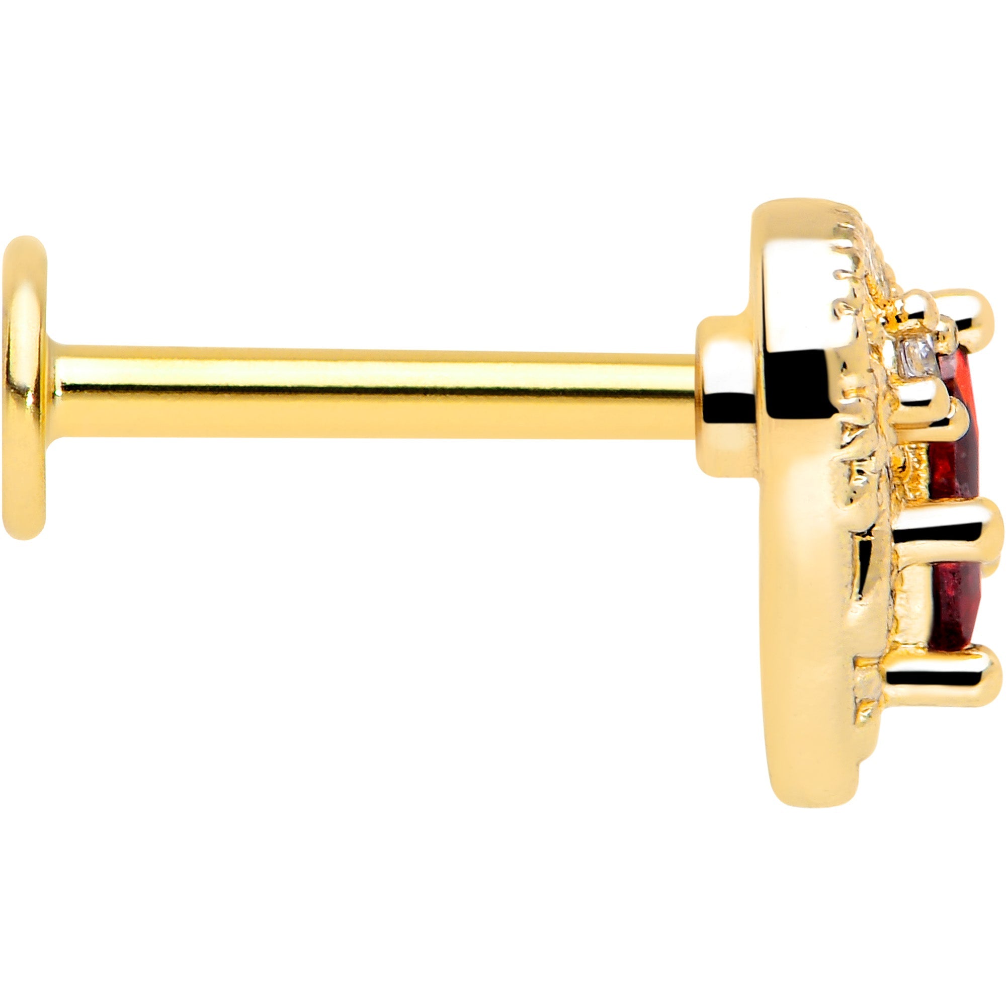 BodyCandy 16G 5/16 Red CZ Gem Gold Tone Heart Queen Flatback Stud — side view