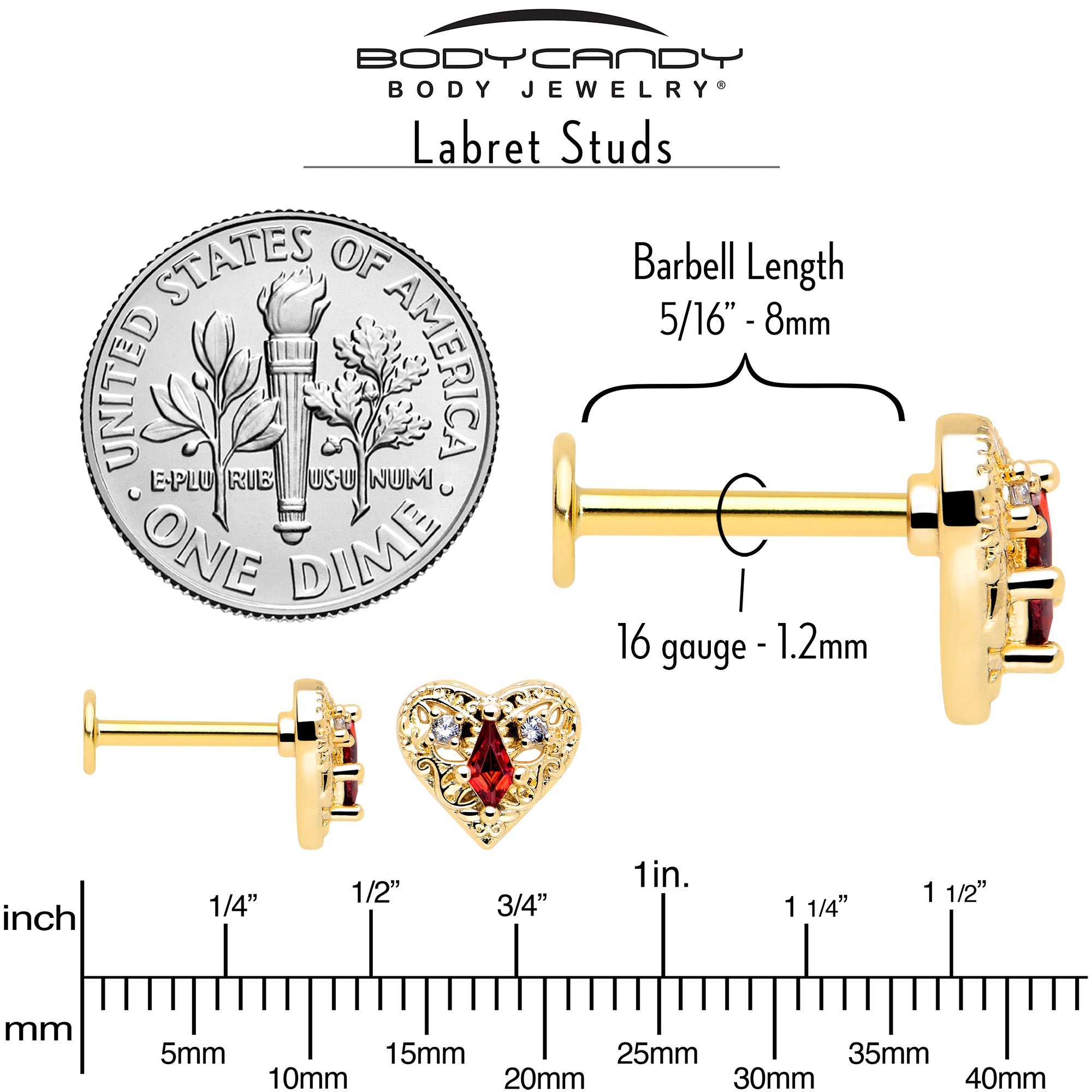 BodyCandy 16G 5/16 Red CZ Gem Gold Tone Heart Queen Flatback Stud — back view