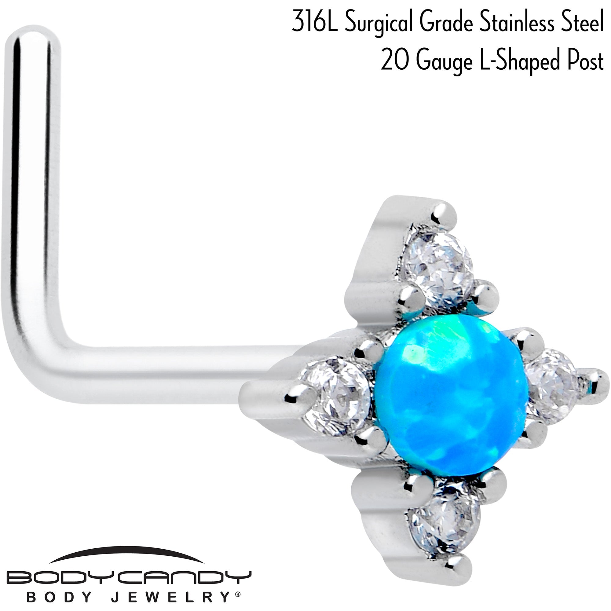 BodyCandy 20G 7mm Blue Synthetic Opal Rhombus Star L Shape Nose Ring — detail close-up