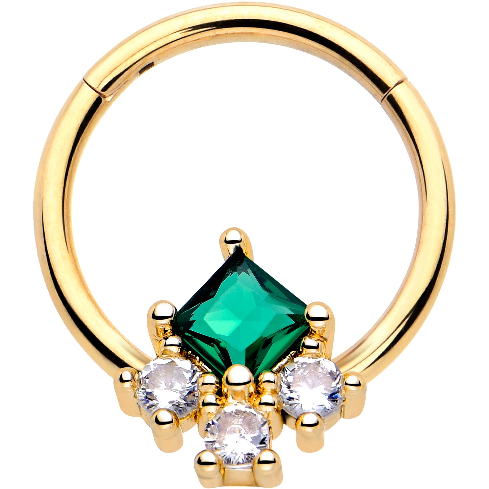BodyCandy 16G 3/8 Green CZ Gem Gold Tone Rhombus Riot Hinged Segment Ring — main product shot