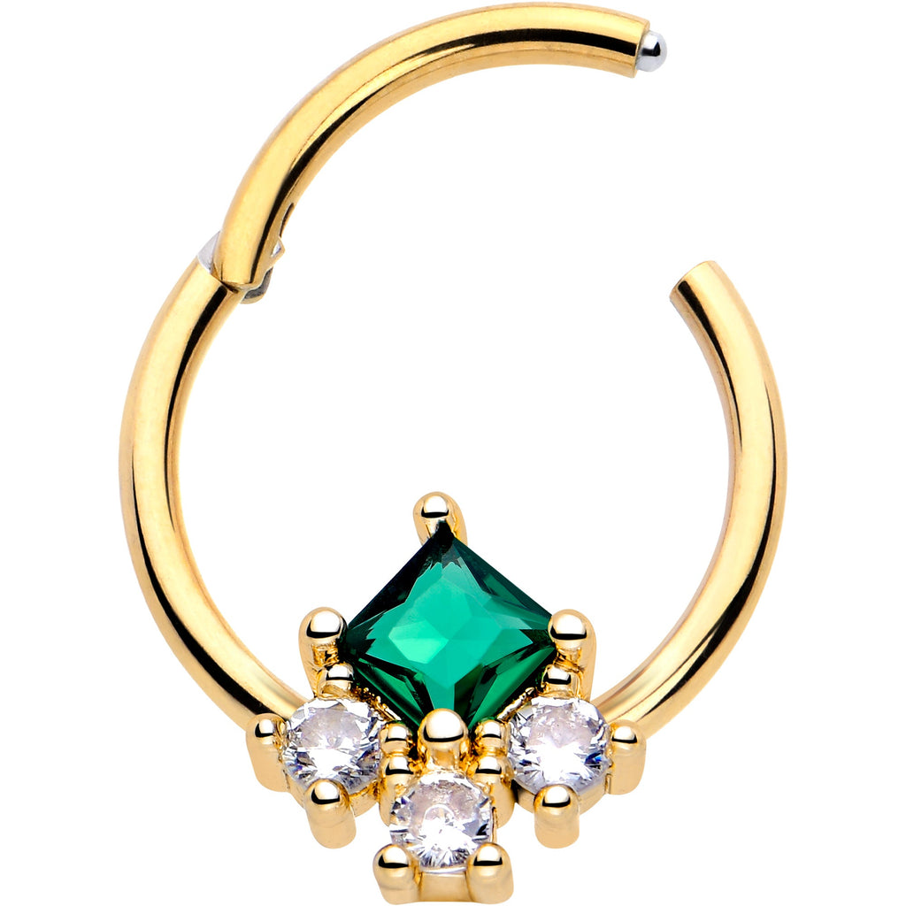 BodyCandy 16G 3/8 Green CZ Gem Gold Tone Rhombus Riot Hinged Segment Ring — detail close-up
