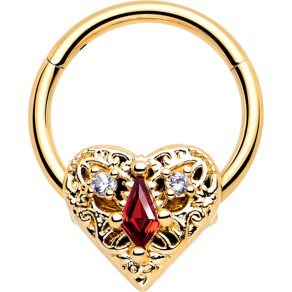 BodyCandy 16G 3/8 Red CZ Gem Gold Tone Heart Queen Hinged Segment Ring — main product shot