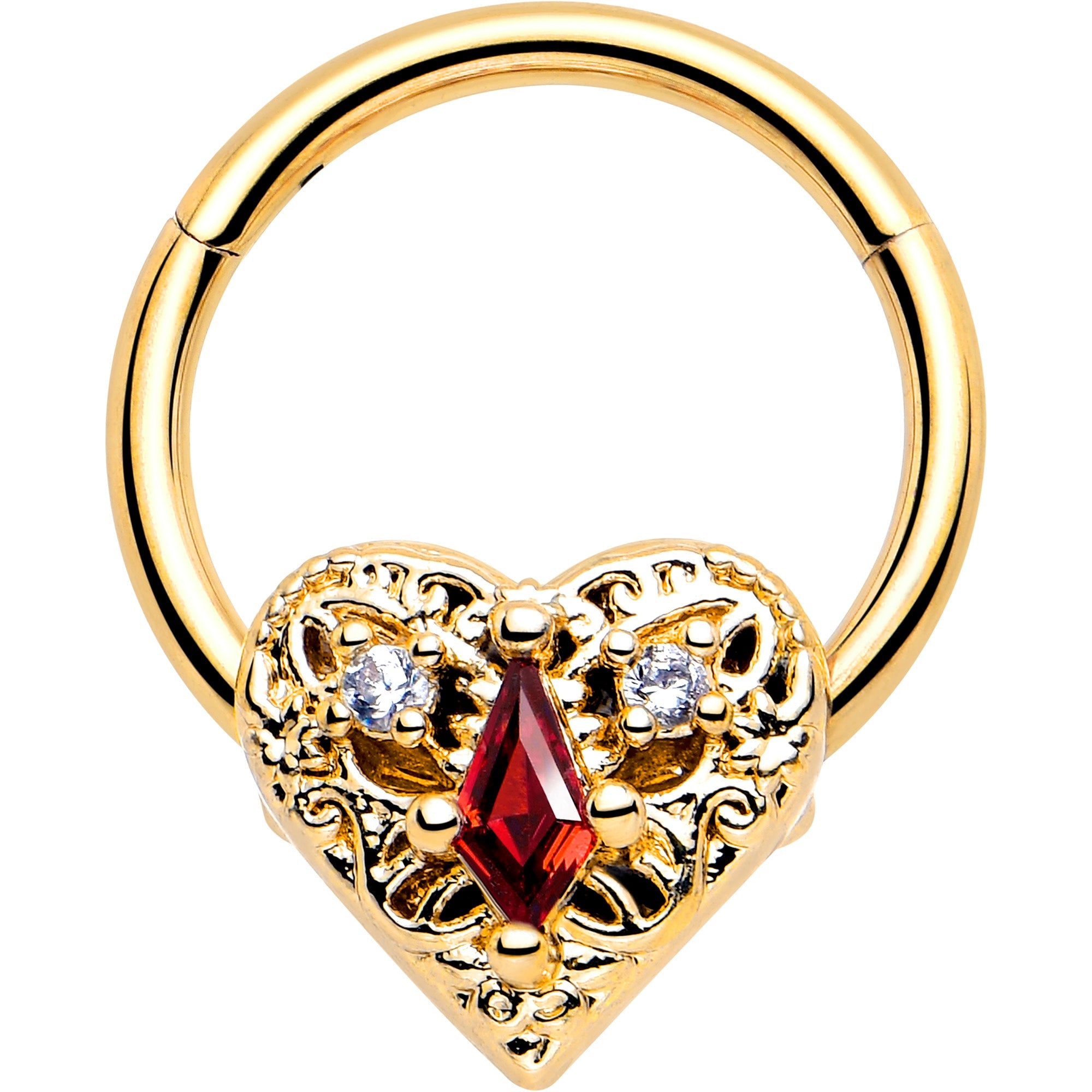 BodyCandy 16G 3/8 Red CZ Gem Gold Tone Heart Queen Hinged Segment Ring — main product shot