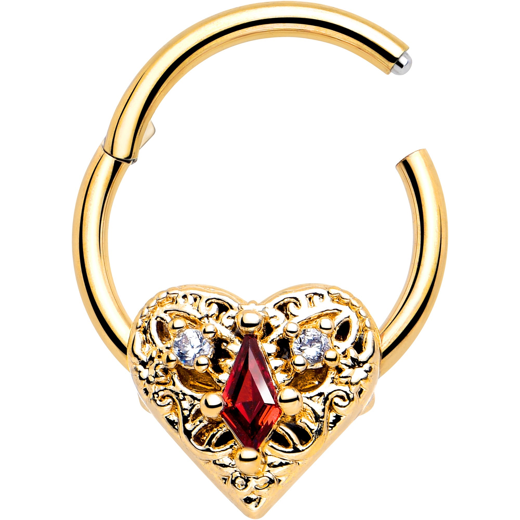BodyCandy 16G 3/8 Red CZ Gem Gold Tone Heart Queen Hinged Segment Ring — detail close-up