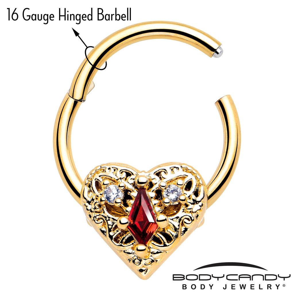 BodyCandy 16G 3/8 Red CZ Gem Gold Tone Heart Queen Hinged Segment Ring — lifestyle context