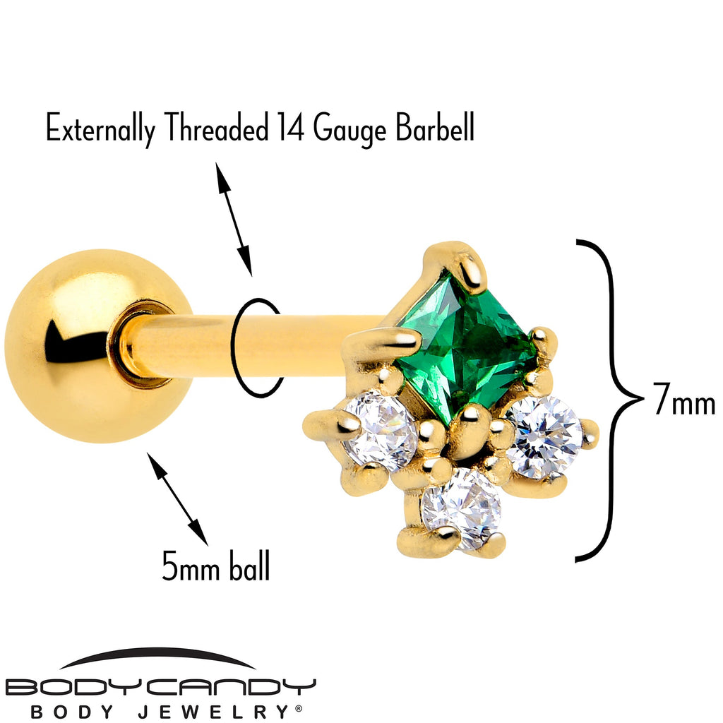 BodyCandy Green CZ Gem Gold Tone Rhombus Riot Barbell Tongue Ring — detail close-up