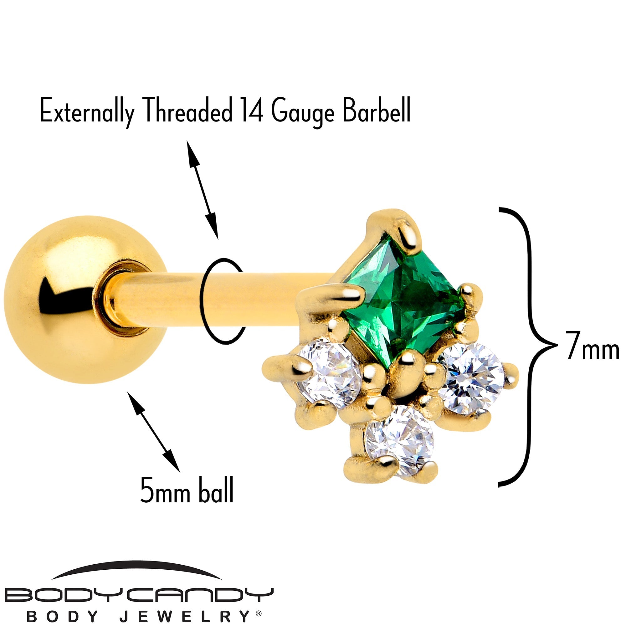 BodyCandy Green CZ Gem Gold Tone Rhombus Riot Barbell Tongue Ring — detail close-up