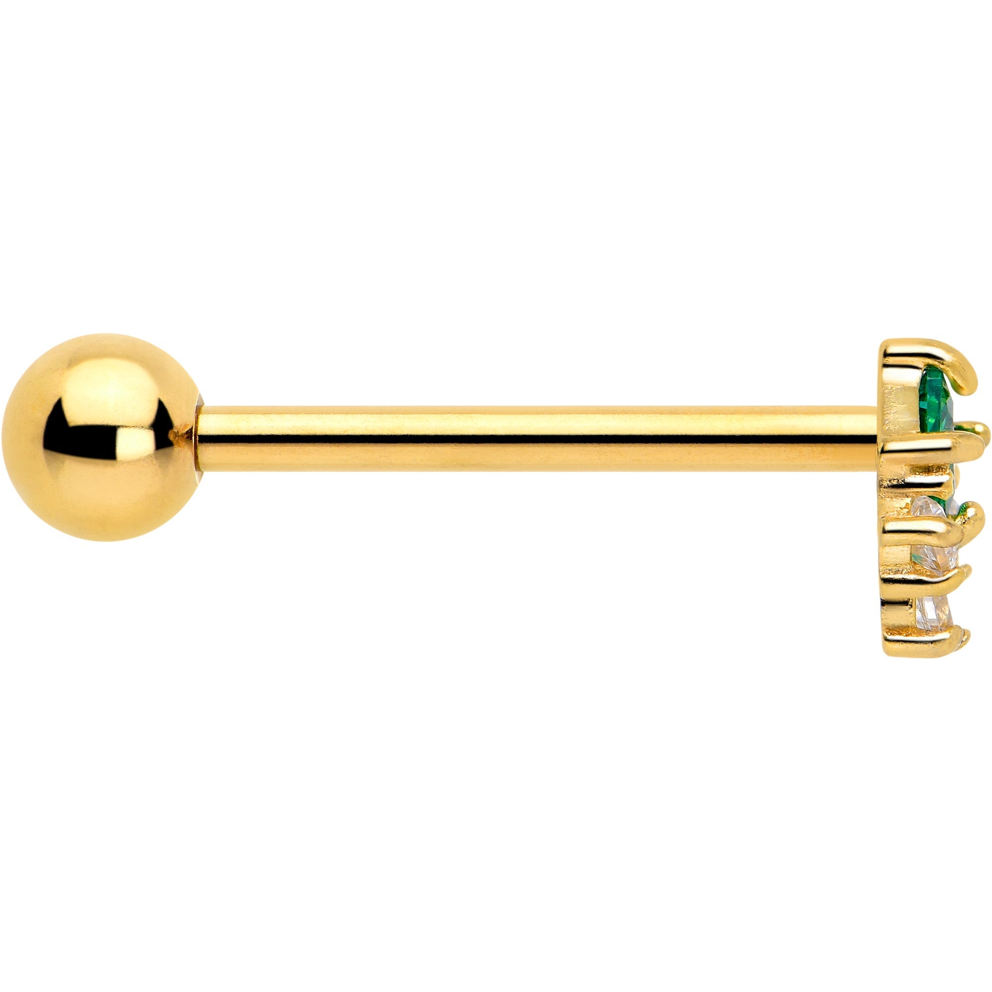 BodyCandy Green CZ Gem Gold Tone Rhombus Riot Barbell Tongue Ring — side view