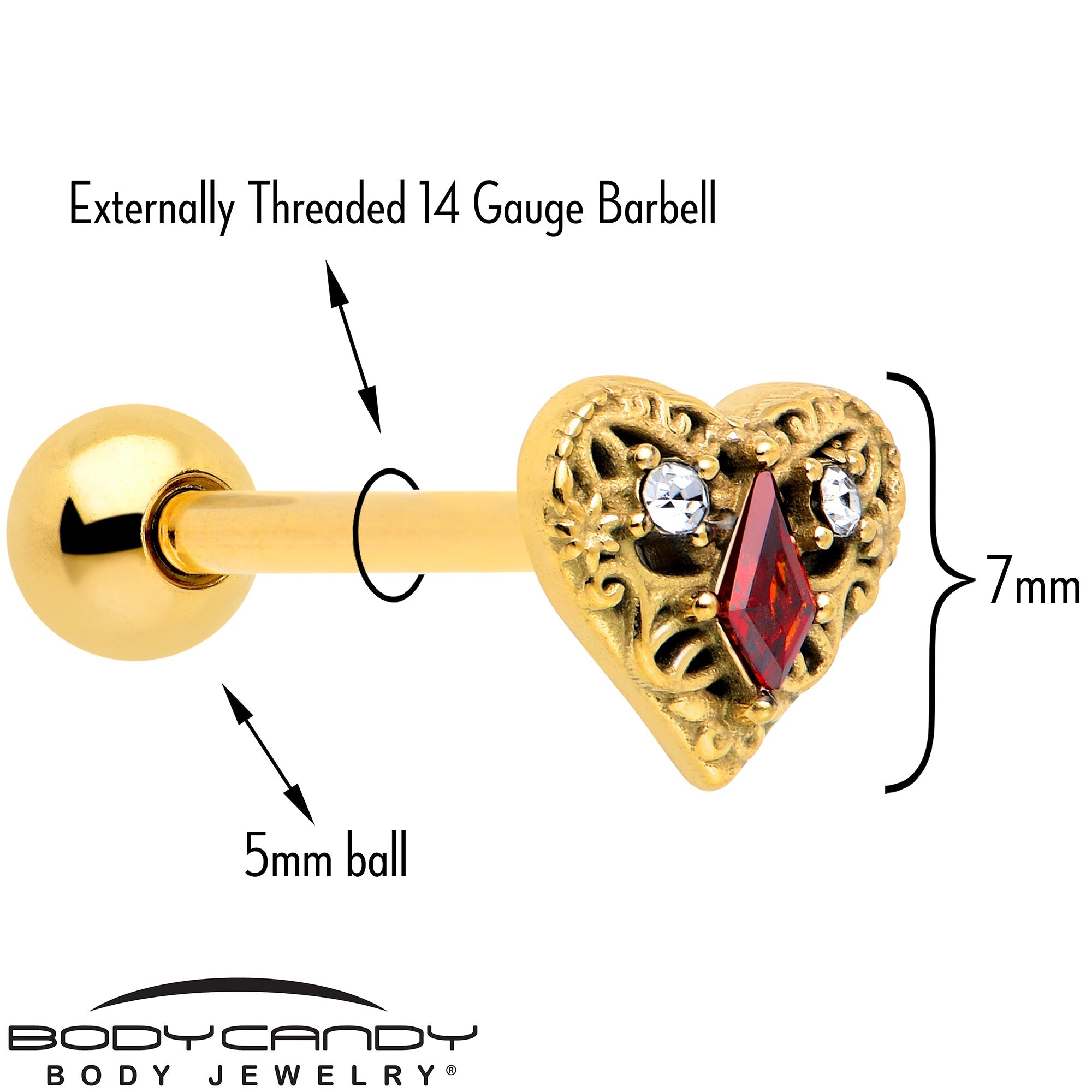 BodyCandy Red CZ Gem Gold Tone Heart Queen Barbell Tongue Ring — detail close-up