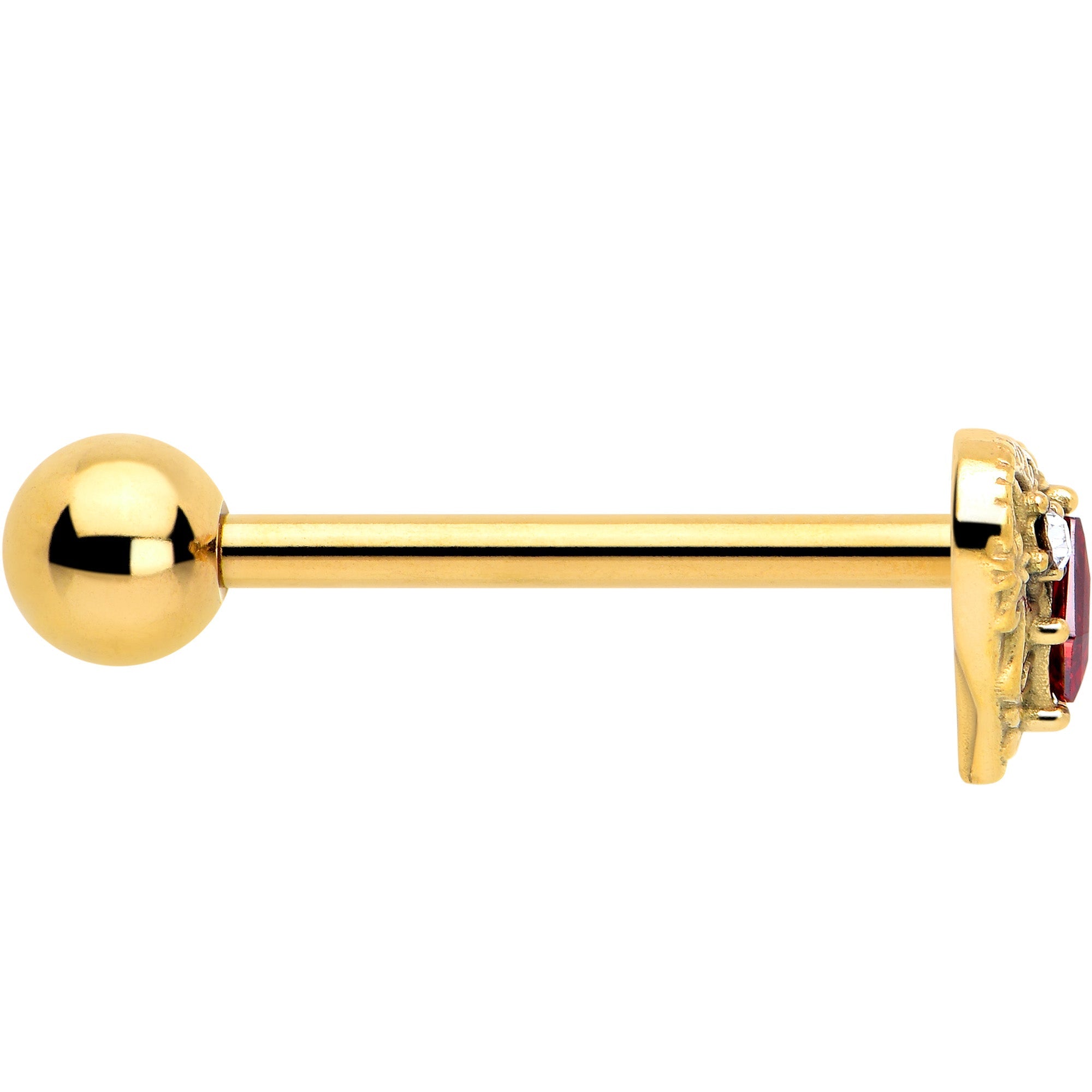 BodyCandy Red CZ Gem Gold Tone Heart Queen Barbell Tongue Ring — side view