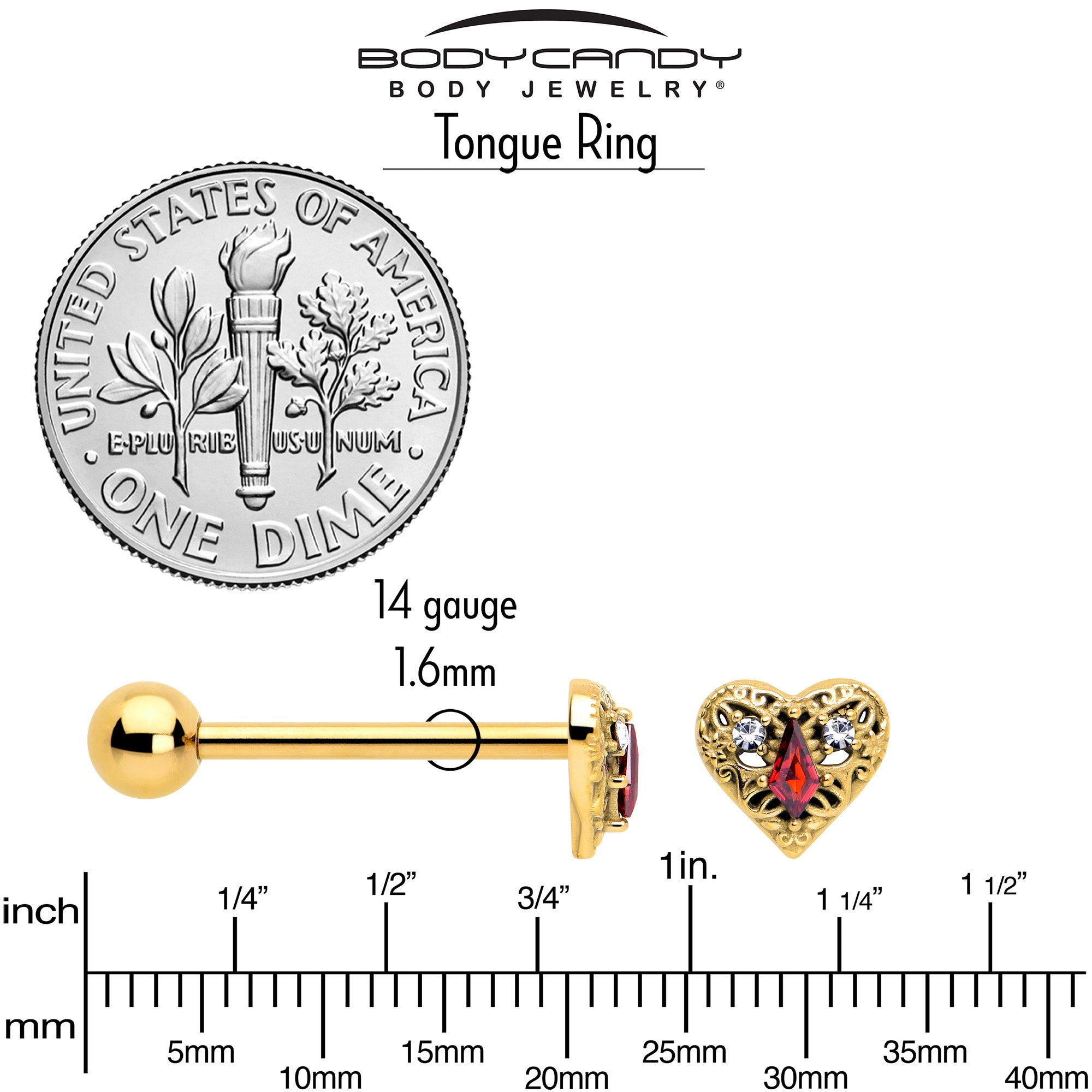 BodyCandy Red CZ Gem Gold Tone Heart Queen Barbell Tongue Ring — back view