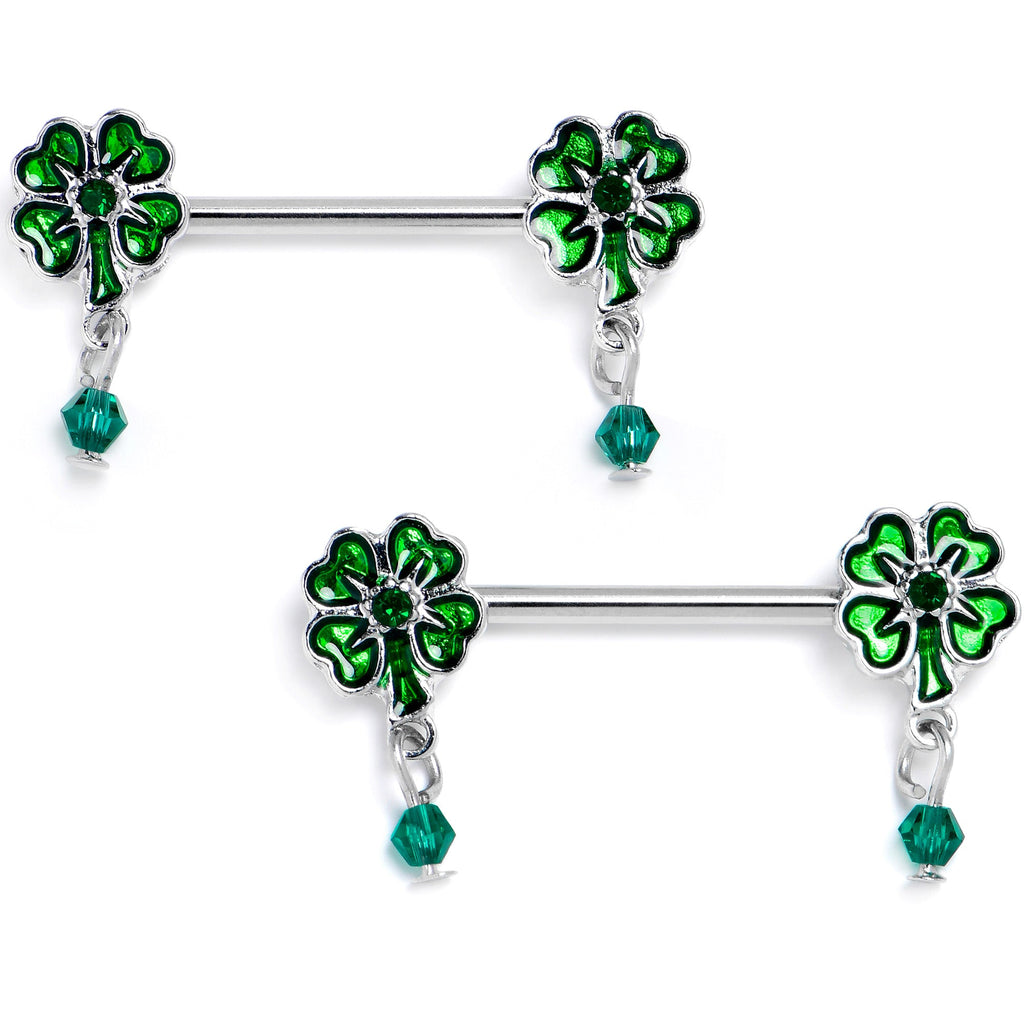 BodyCandy 14G 9/16 Green Gem Shamrock Glam St Patricks Dangle Nipple Ring Set — main product shot