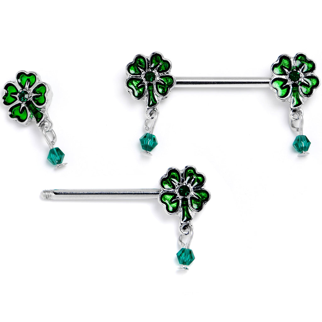 BodyCandy 14G 9/16 Green Gem Shamrock Glam St Patricks Dangle Nipple Ring Set — lifestyle context