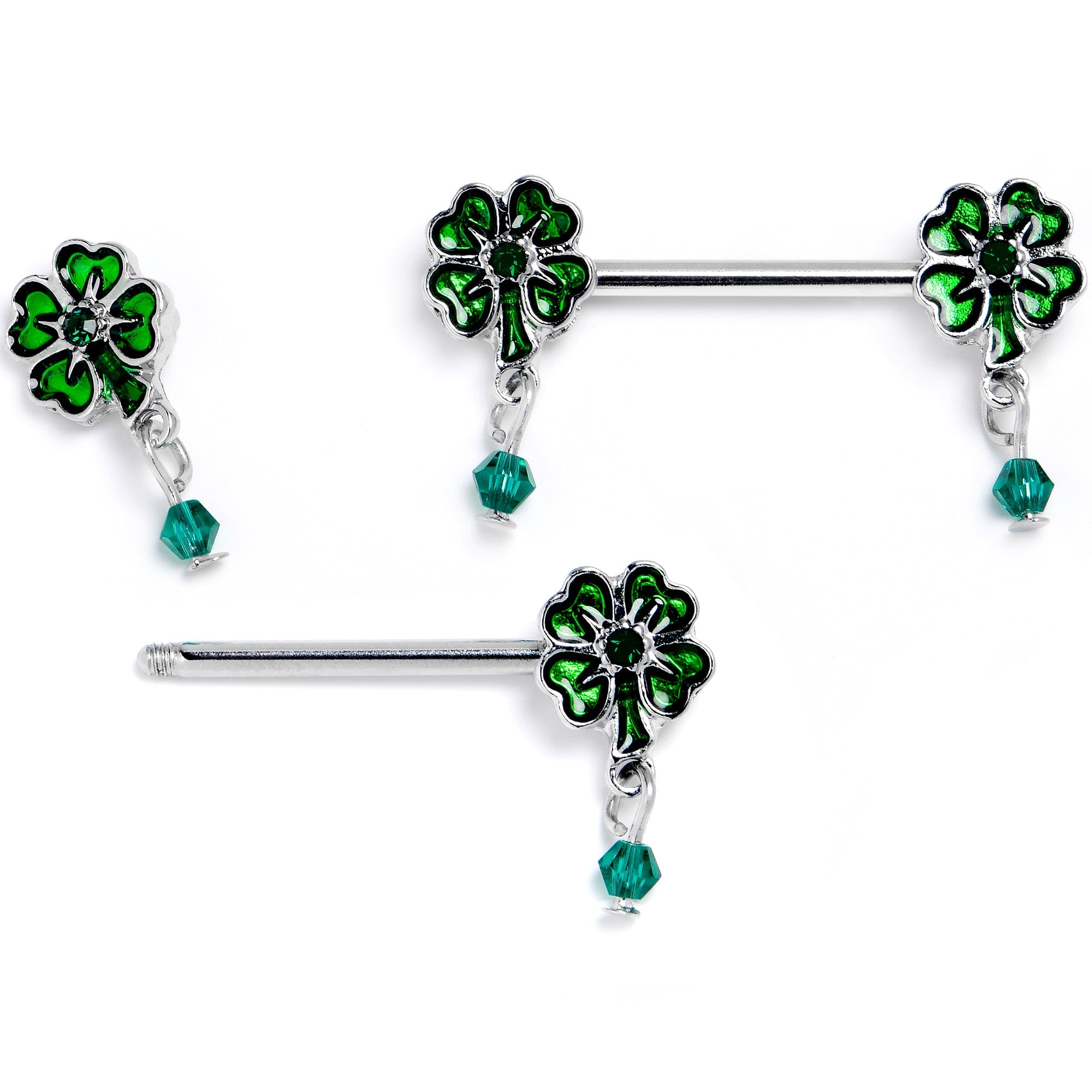 BodyCandy 14G 9/16 Green Gem Shamrock Glam St Patricks Dangle Nipple Ring Set — lifestyle context