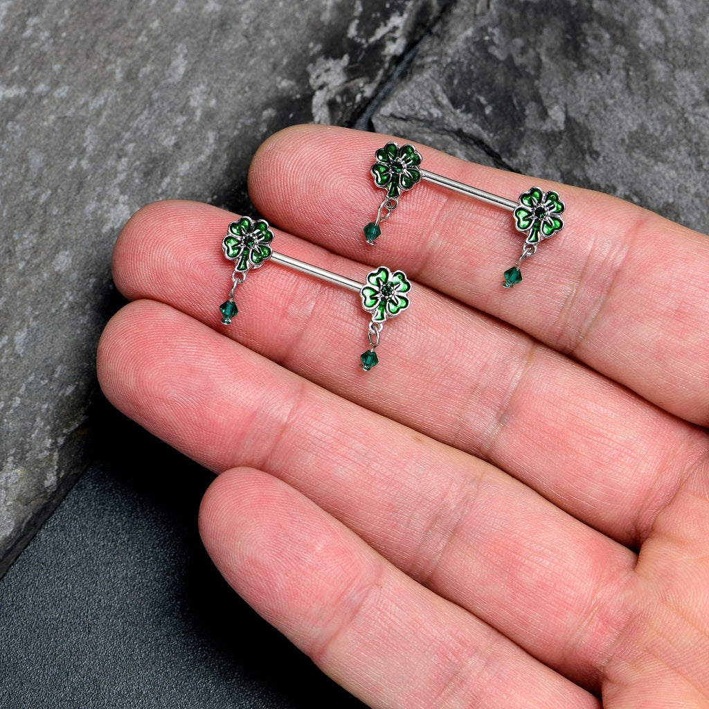 BodyCandy 14G 9/16 Green Gem Shamrock Glam St Patricks Dangle Nipple Ring Set — side view