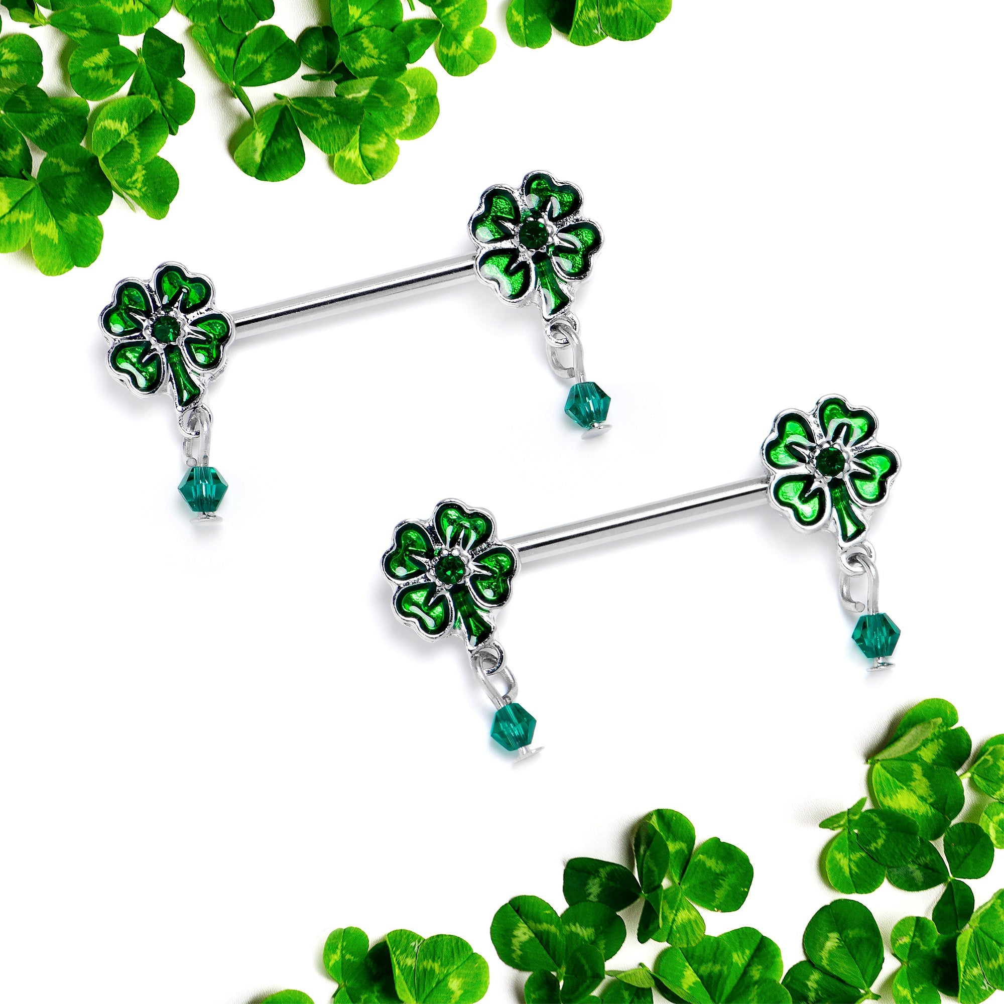 BodyCandy 14G 9/16 Green Gem Shamrock Glam St Patricks Dangle Nipple Ring Set — back view