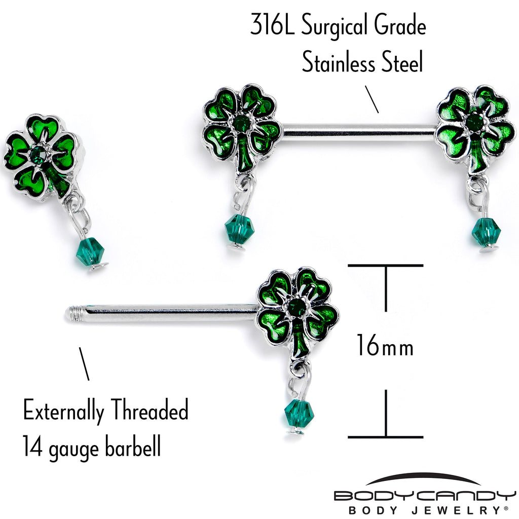 BodyCandy 14G 9/16 Green Gem Shamrock Glam St Patricks Dangle Nipple Ring Set — alternative angle