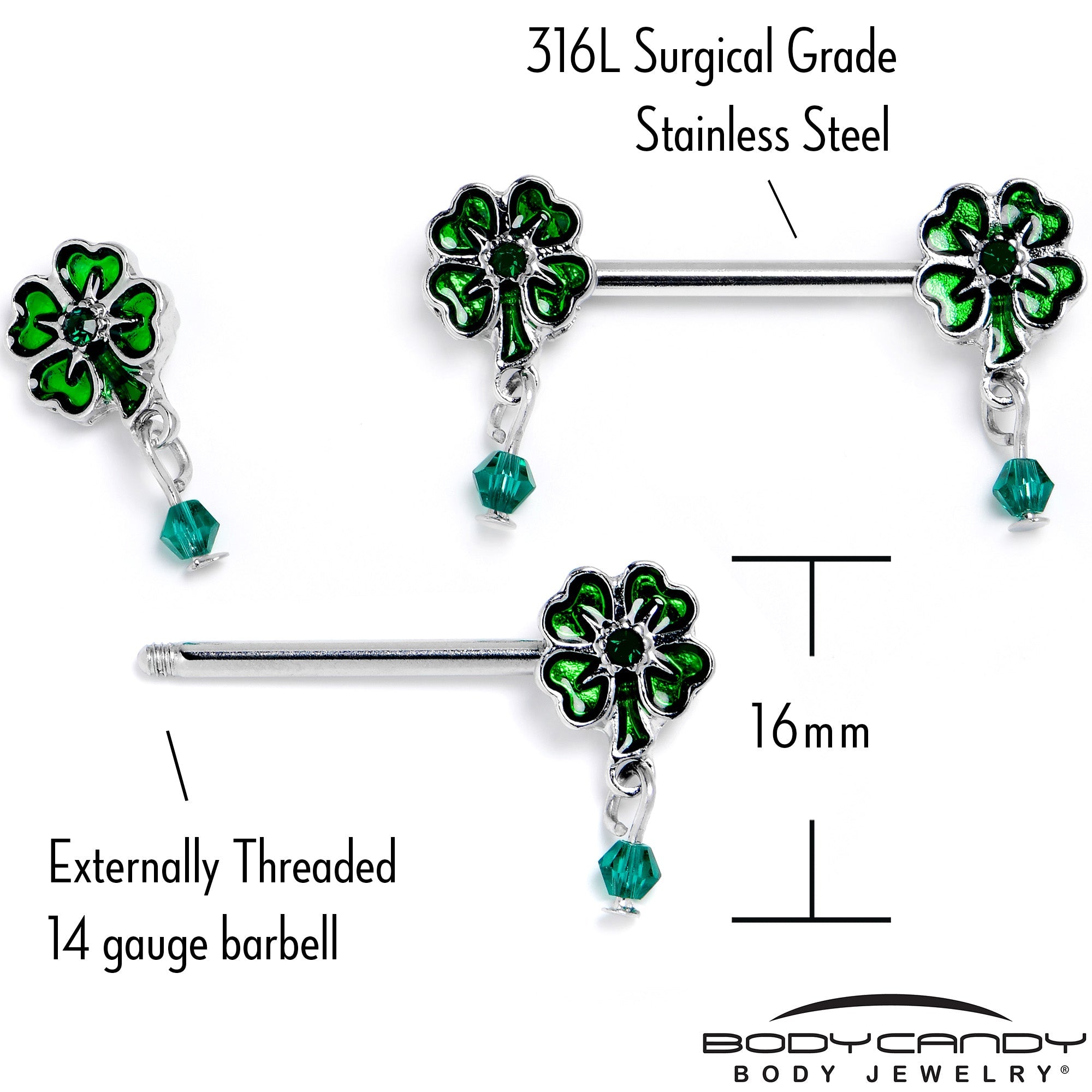 BodyCandy 14G 9/16 Green Gem Shamrock Glam St Patricks Dangle Nipple Ring Set — alternative angle