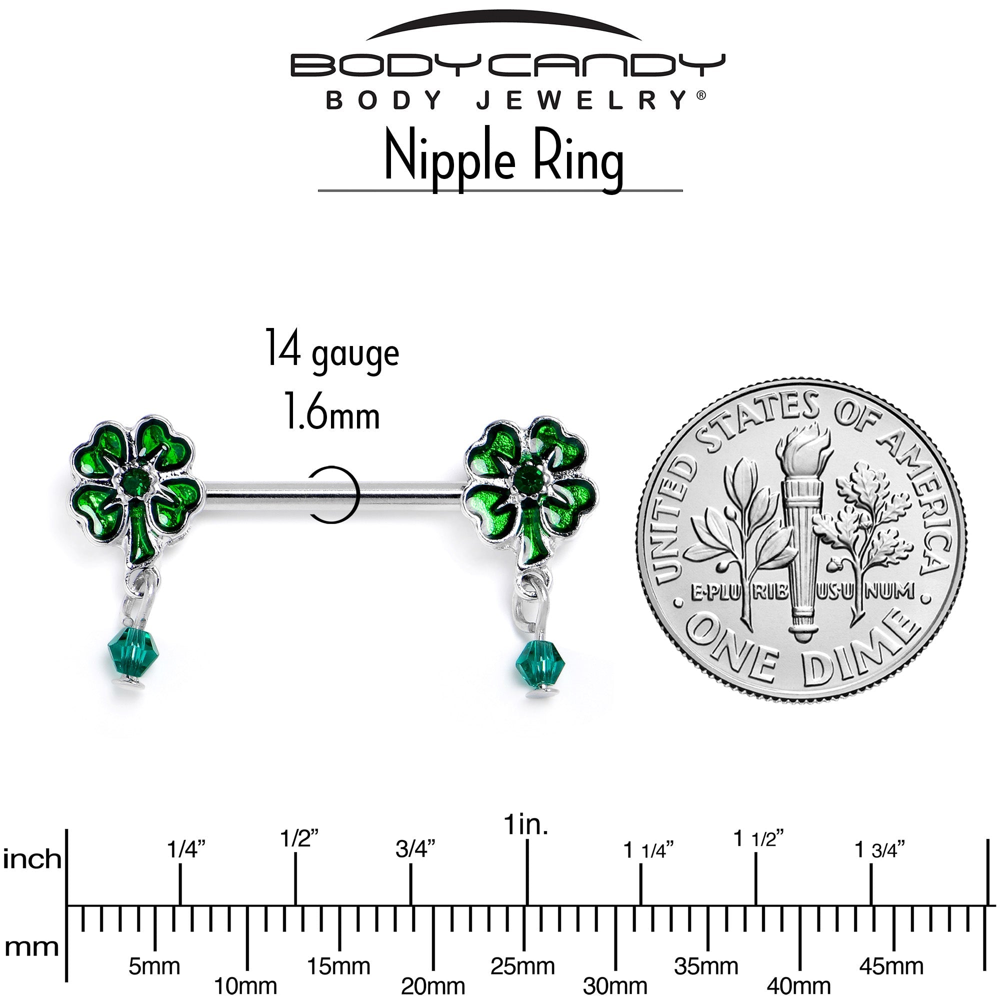BodyCandy 14G 9/16 Green Gem Shamrock Glam St Patricks Dangle Nipple Ring Set — in-use photo