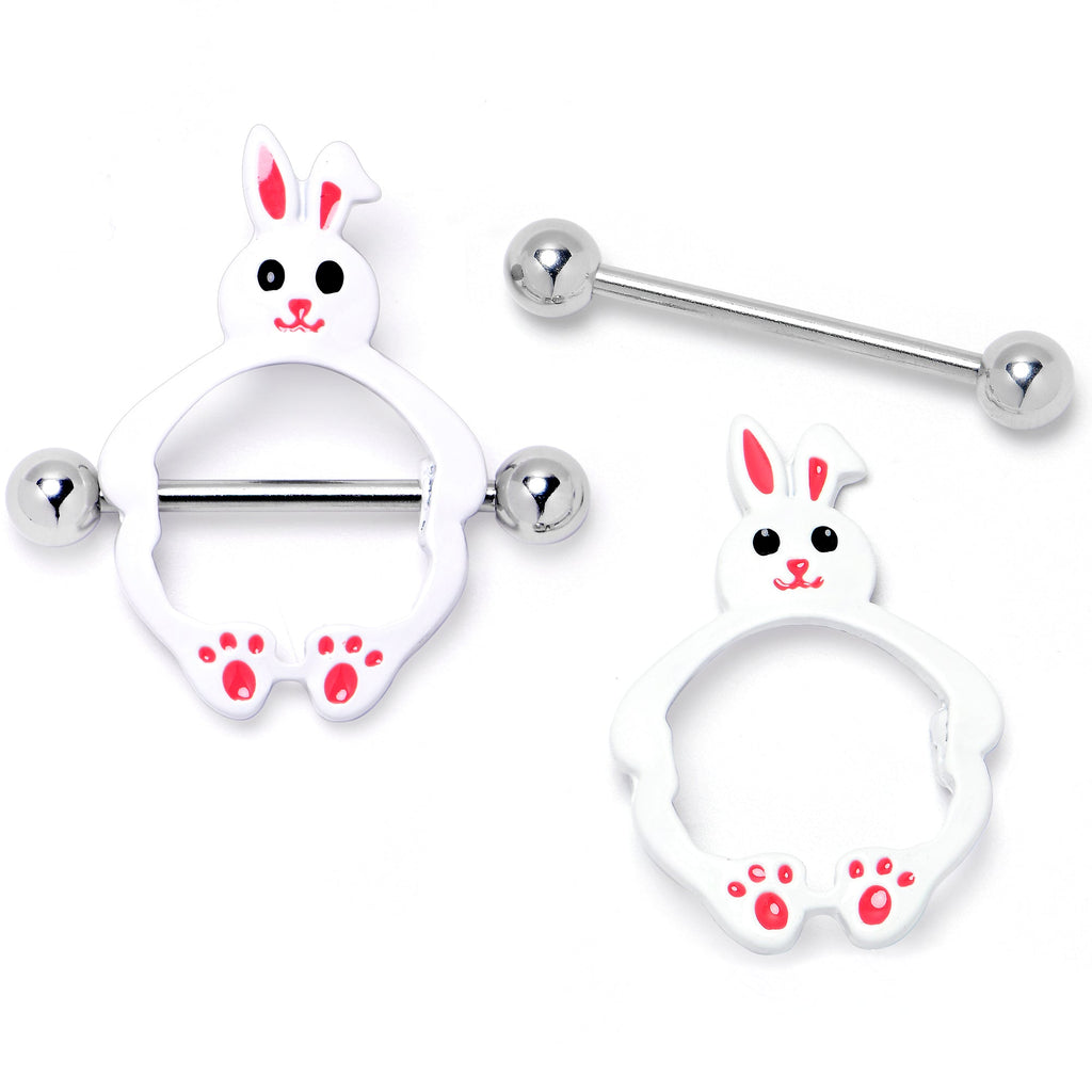 BodyCandy 14G 9/16 Bunny White Rabbit Nipple Shield Set — detail close-up