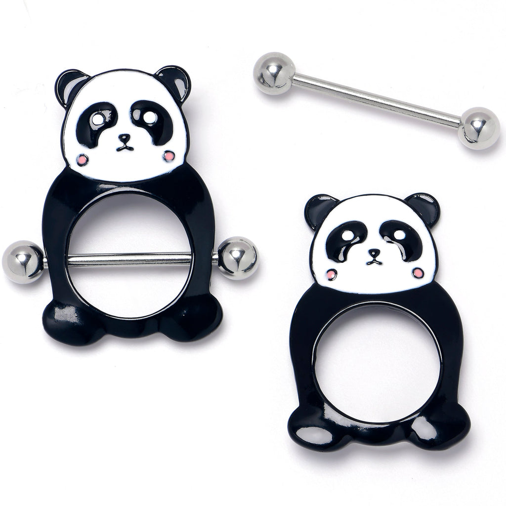 BodyCandy 14G 9/16 Panda Bear Black White Nipple Shield Set — detail close-up