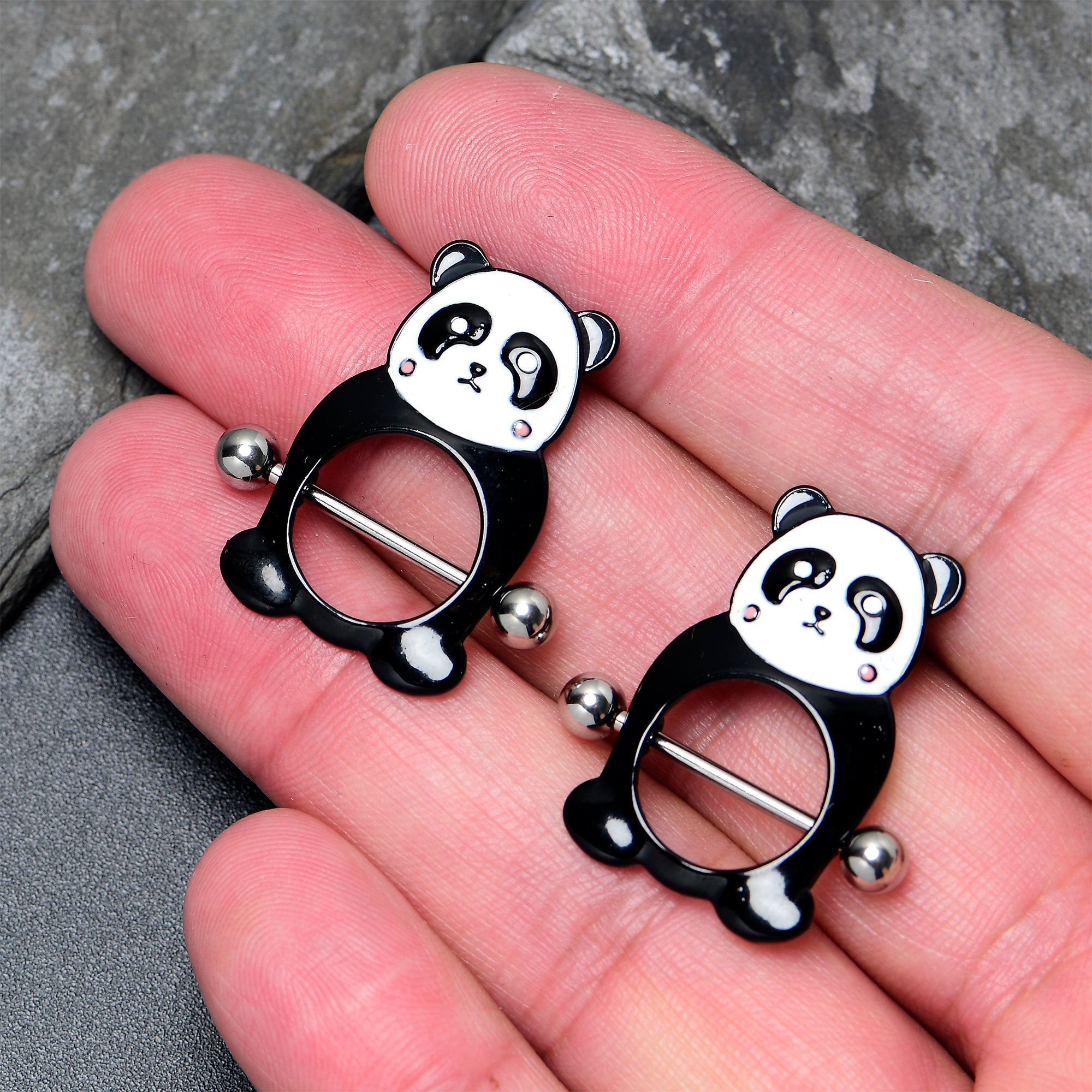 BodyCandy 14G 9/16 Panda Bear Black White Nipple Shield Set — back view