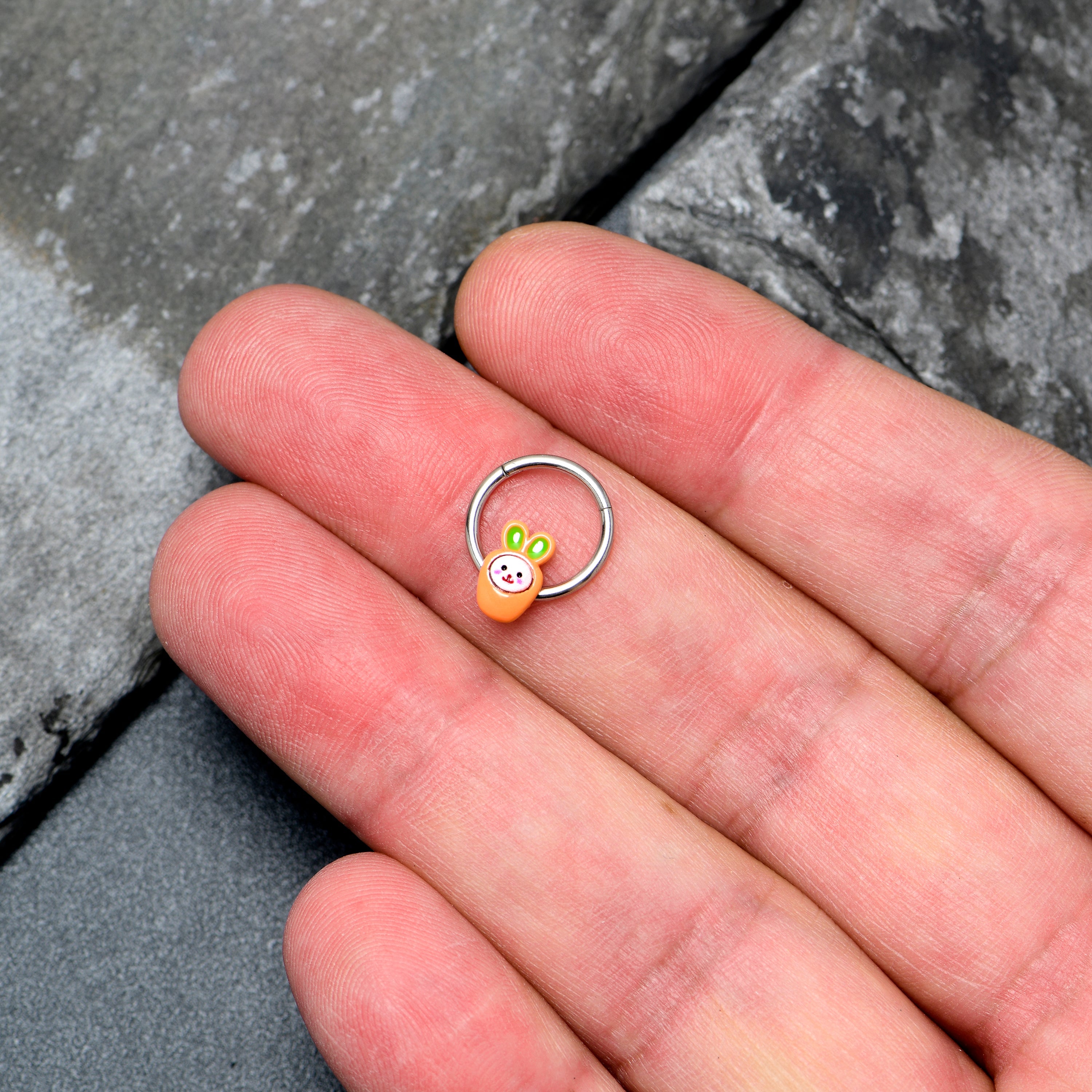 BodyCandy 16G 3/8 Surprise Carrot Easter Bunny Hinged Segment Ring — lifestyle context