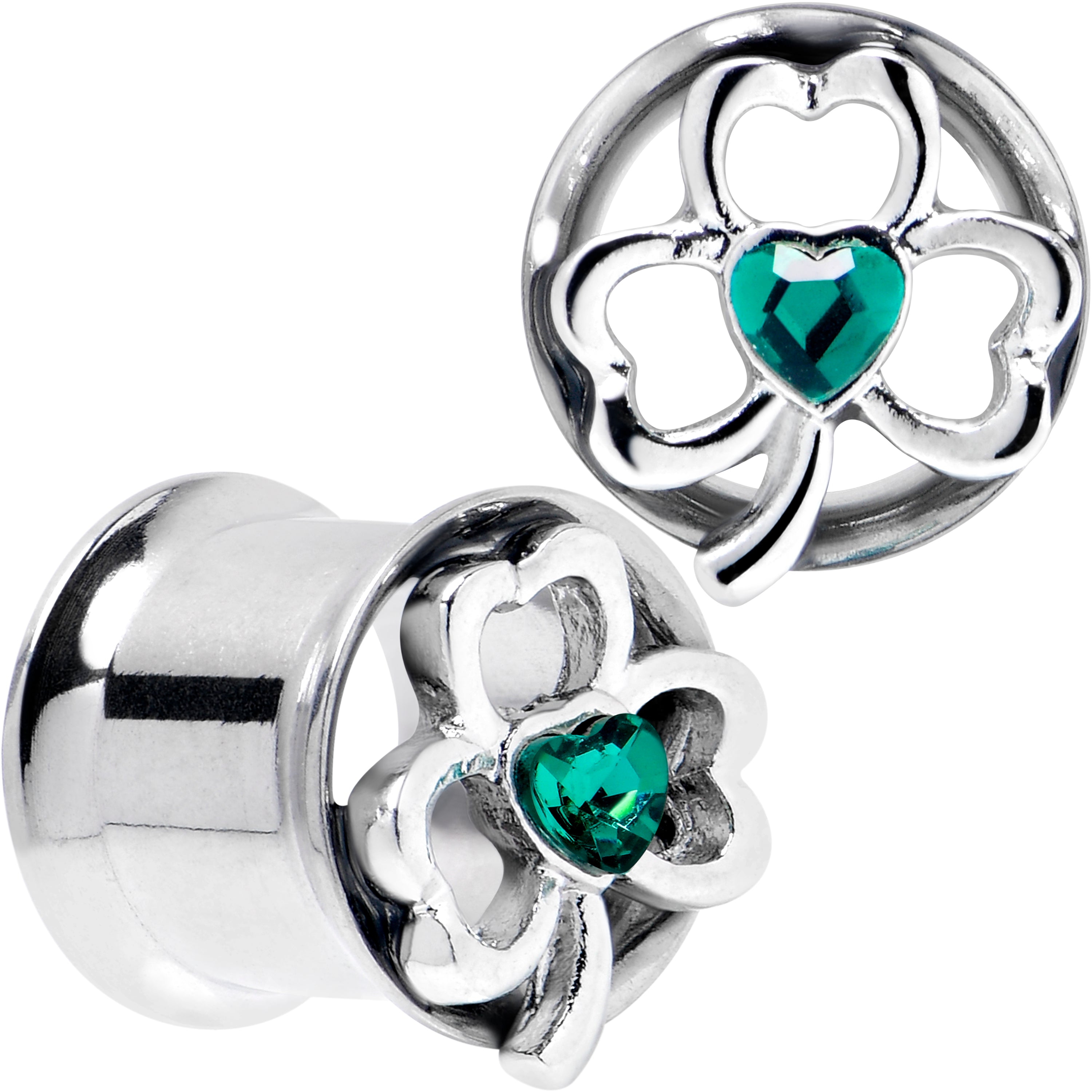 BodyCandy Green Gem Heart Shamrock St Patricks Tunnel Plug Set Sizes 10mm to 16mm — main product shot