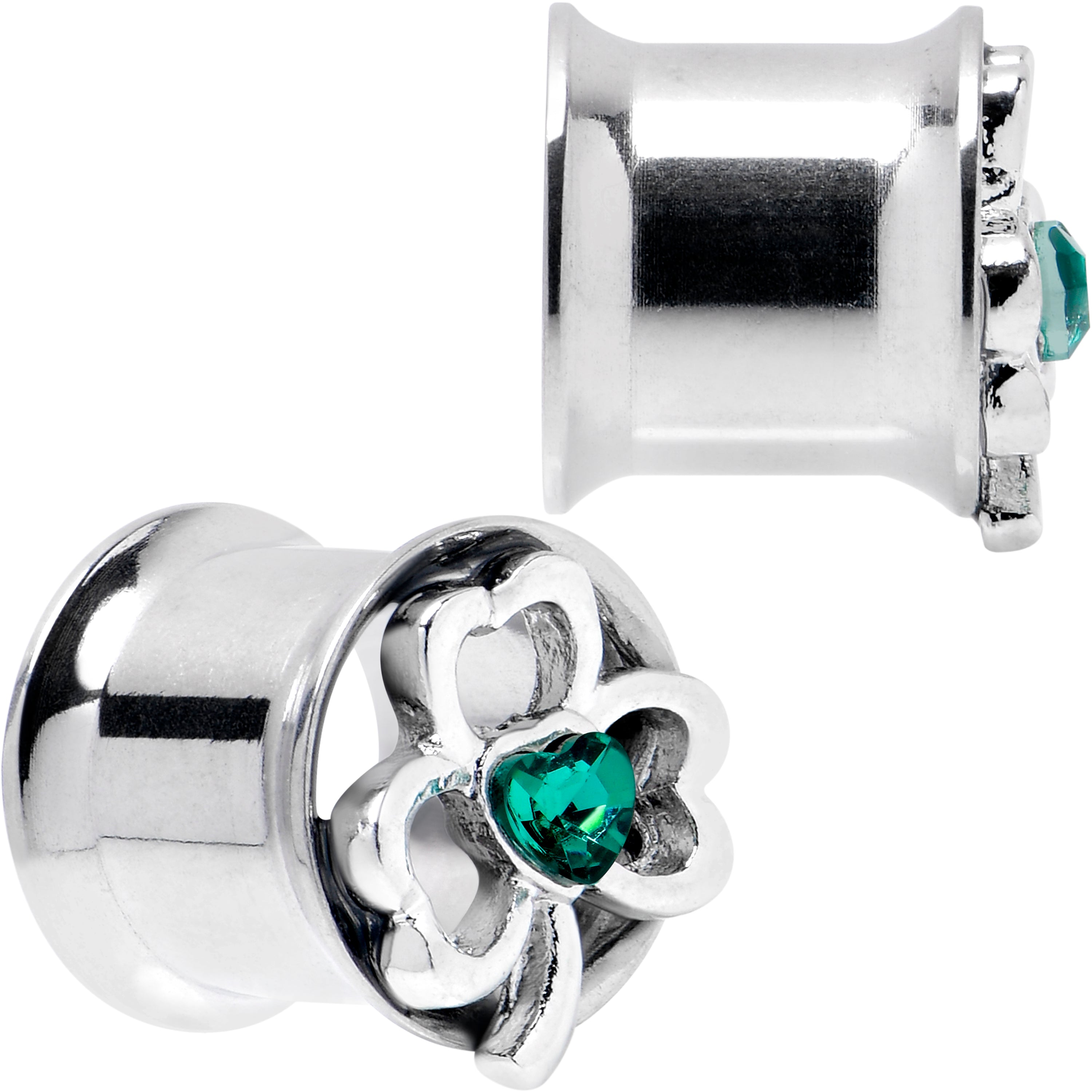 BodyCandy Green Gem Heart Shamrock St Patricks Tunnel Plug Set Sizes 10mm to 16mm — detail close-up