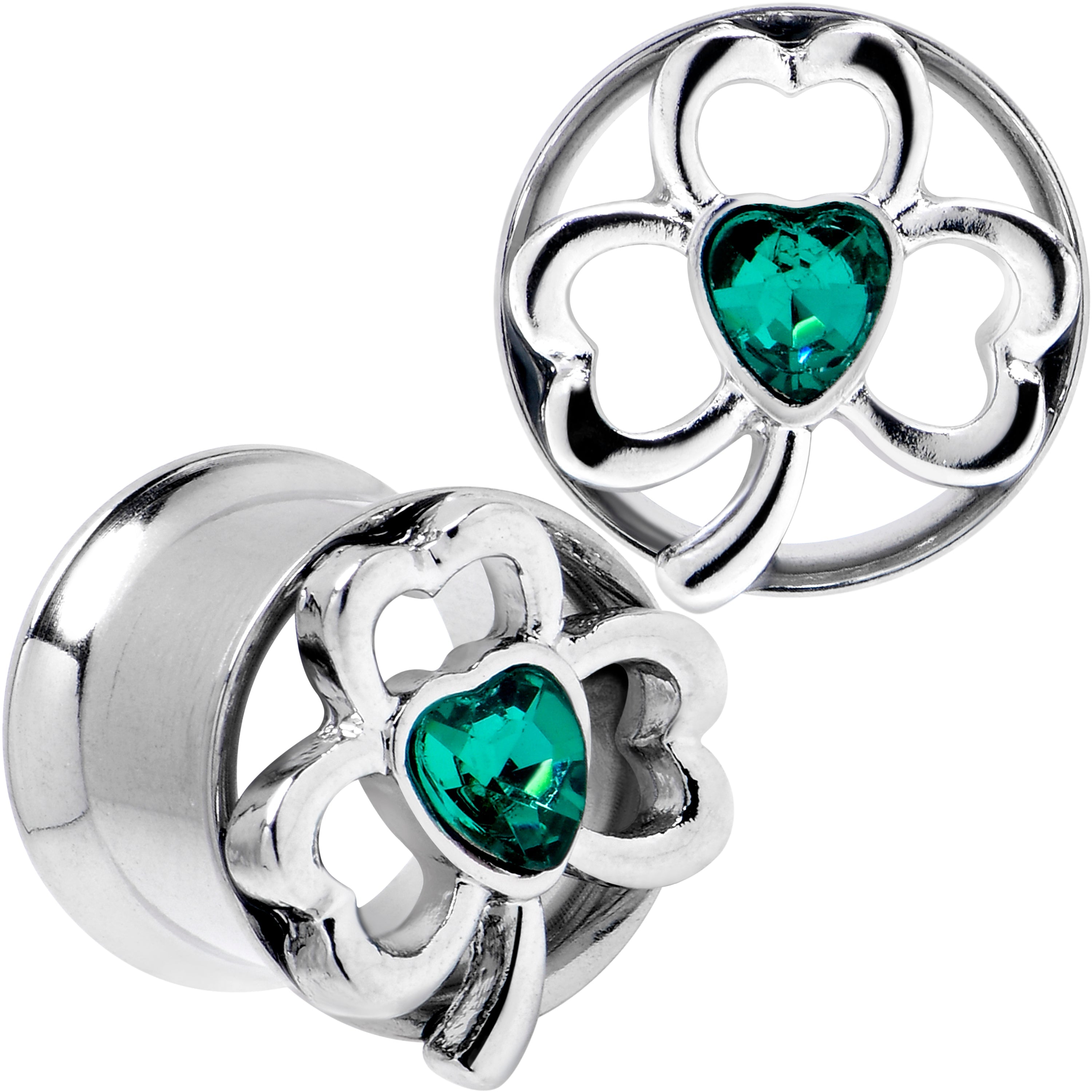 BodyCandy Green Gem Heart Shamrock St Patricks Tunnel Plug Set Sizes 10mm to 16mm — back view